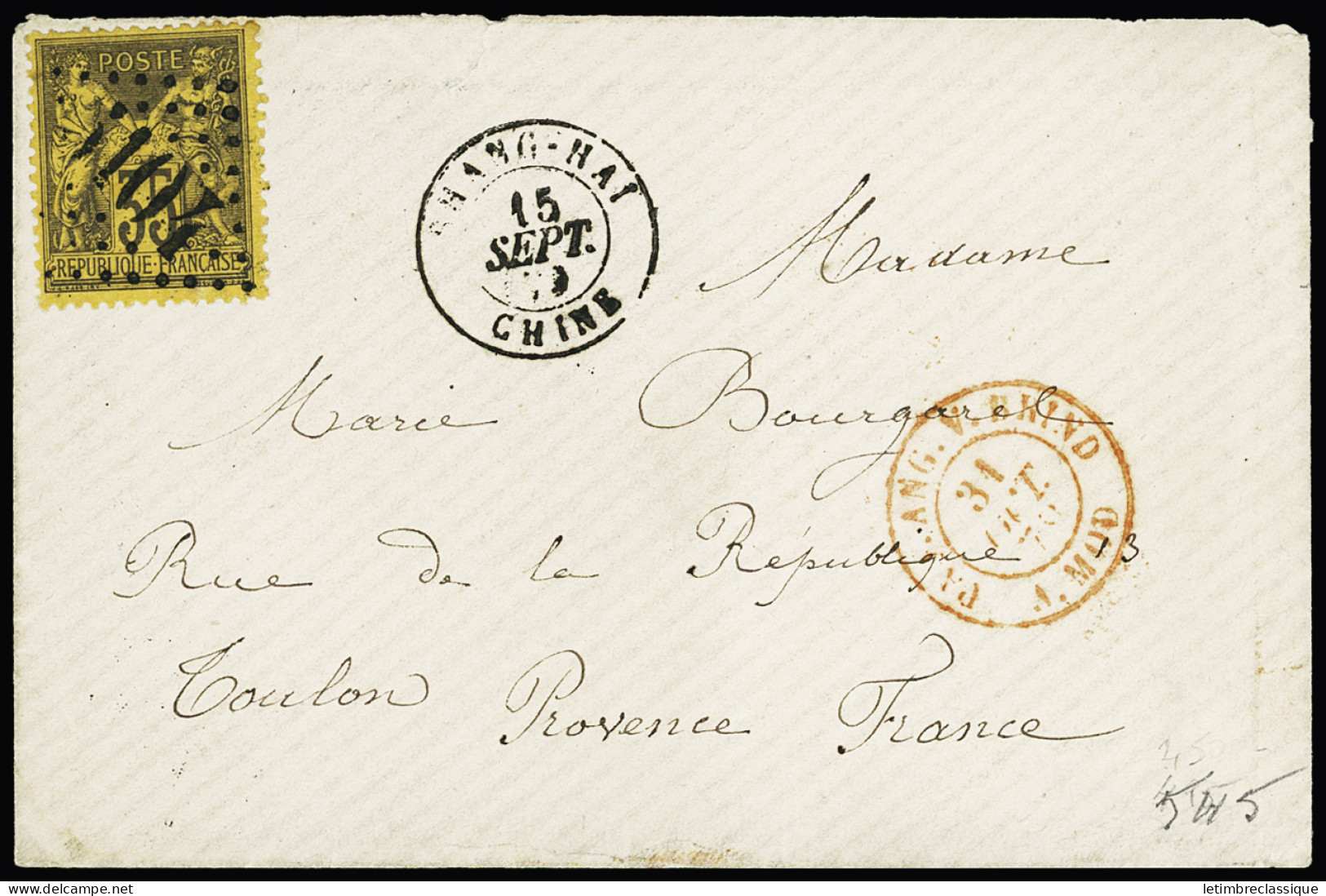 Lettre SHANGHAI N°93 OBL GC 5104 + CAD "Shang-Haï Chine" (1879) Sur Lettre Pour Toulon. Jolie Pièce - 1849-1876: Klassieke Periode