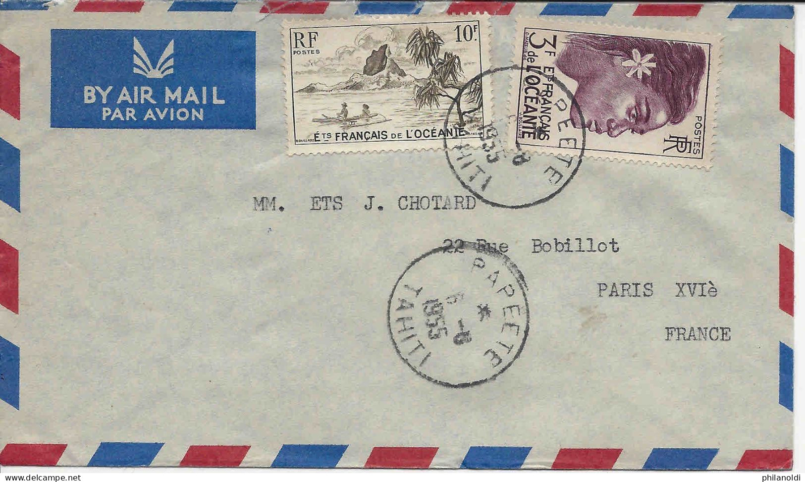 1955 Papeete Timbre à 10 Fr Pirogue Et 3 Fr Tête De Femme Sur Lettre Par Avion Pour Paris - Covers & Documents