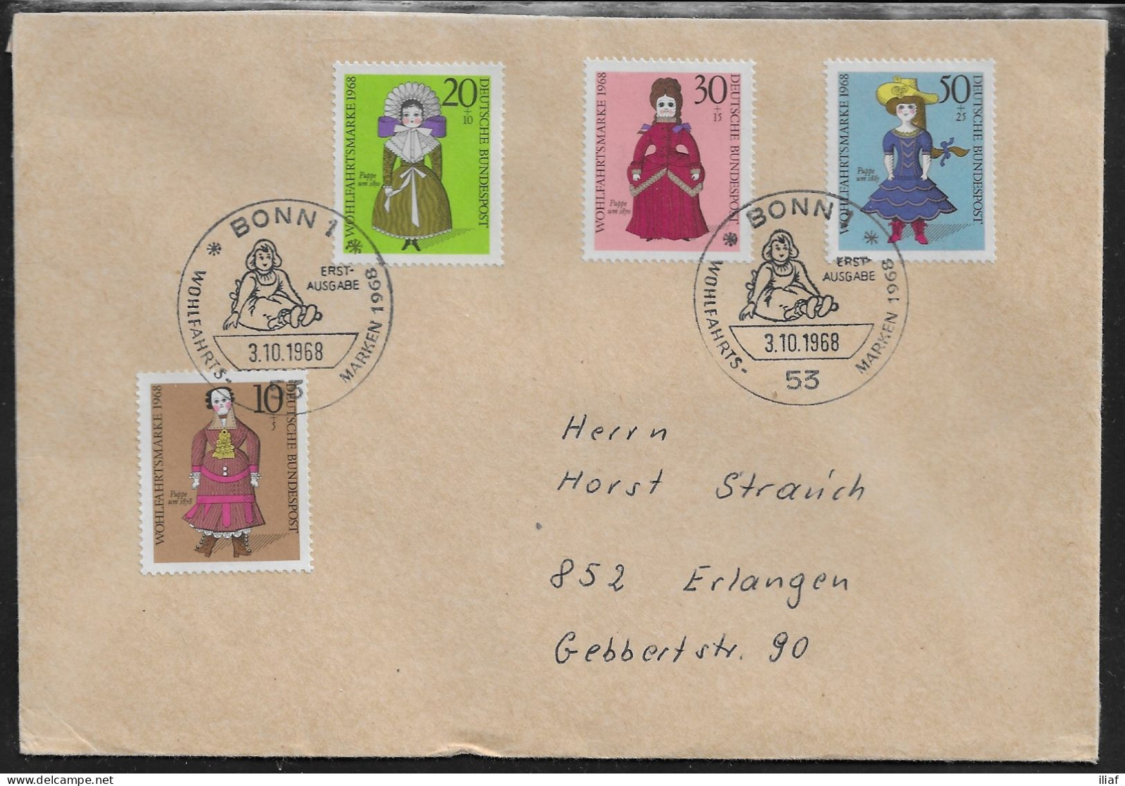 Germany. FDC Sc. B438-B441.   Welfare: Standing Dolls.  FDC Cancellation on Plain Envelope - 1961-1970