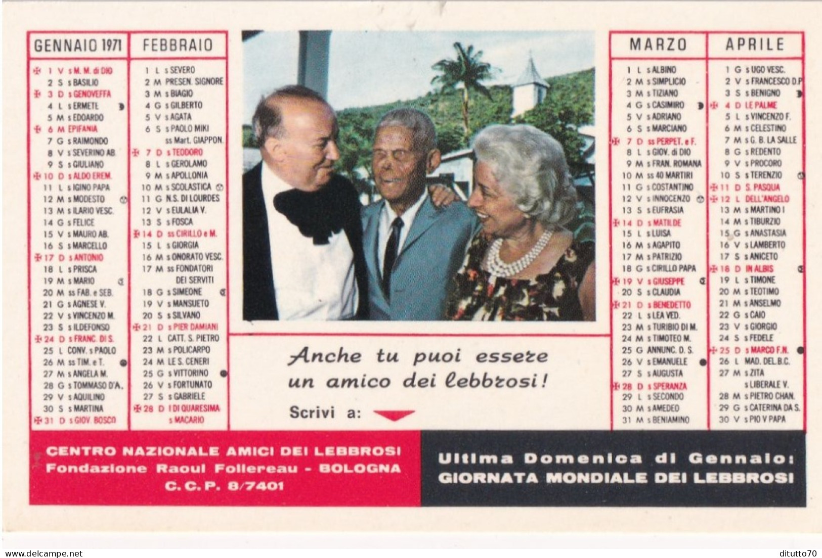 Calendarietto - Centro Nazionale - Amici Dei Lebrosi - Fondazione - Raoul Follereau - Bologna - Anno  1970 - Klein Formaat: 1961-70