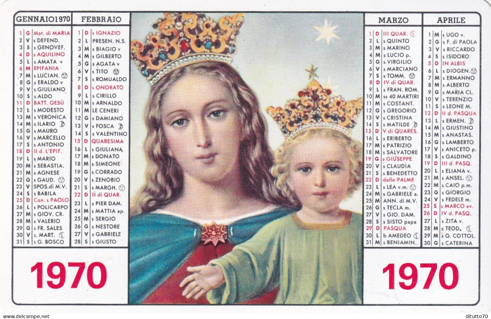 Calendarietto - Maria Immacolata - Don  Bosco - Anno 1970 - Tamaño Pequeño : 1961-70