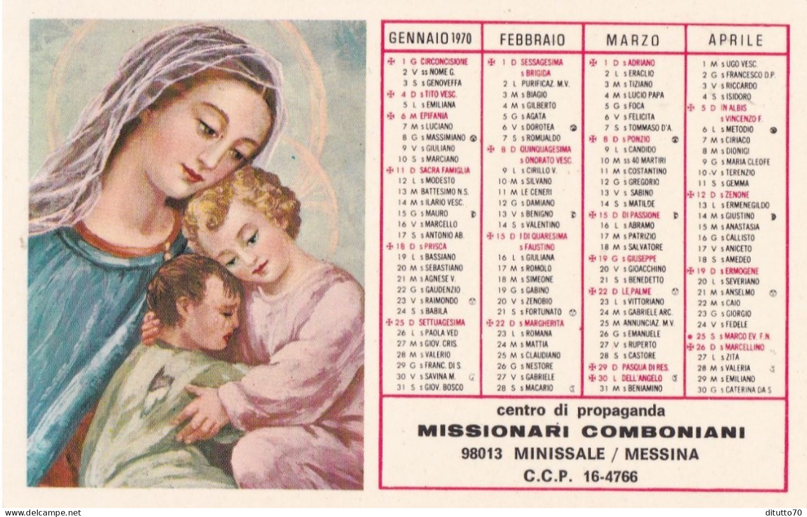 Calendarietto - Missionari Comboniani - Minissale - Messina - Anno 1970 - Tamaño Pequeño : 1961-70