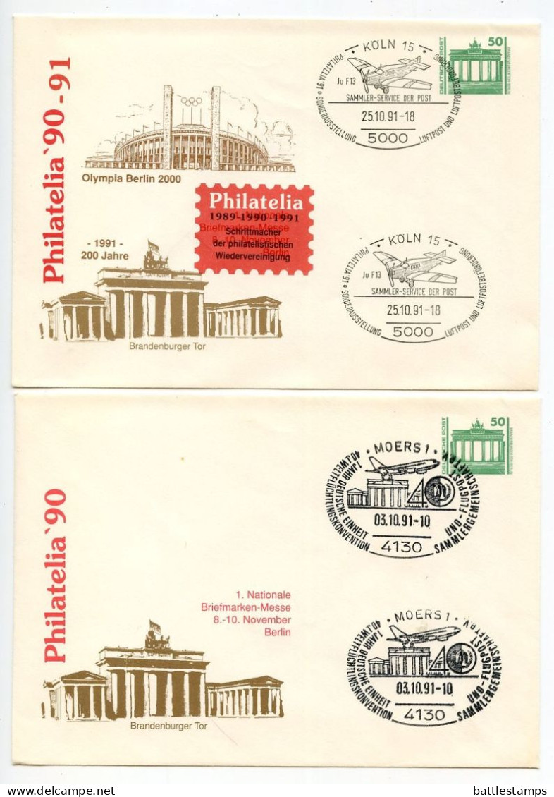 Germany, East 1991 3 50pf. Brandenburg Gate Postal Envelopes, Philatelia '90; Köln, Moers & Berlin Commemorative Pmks - Covers - Used