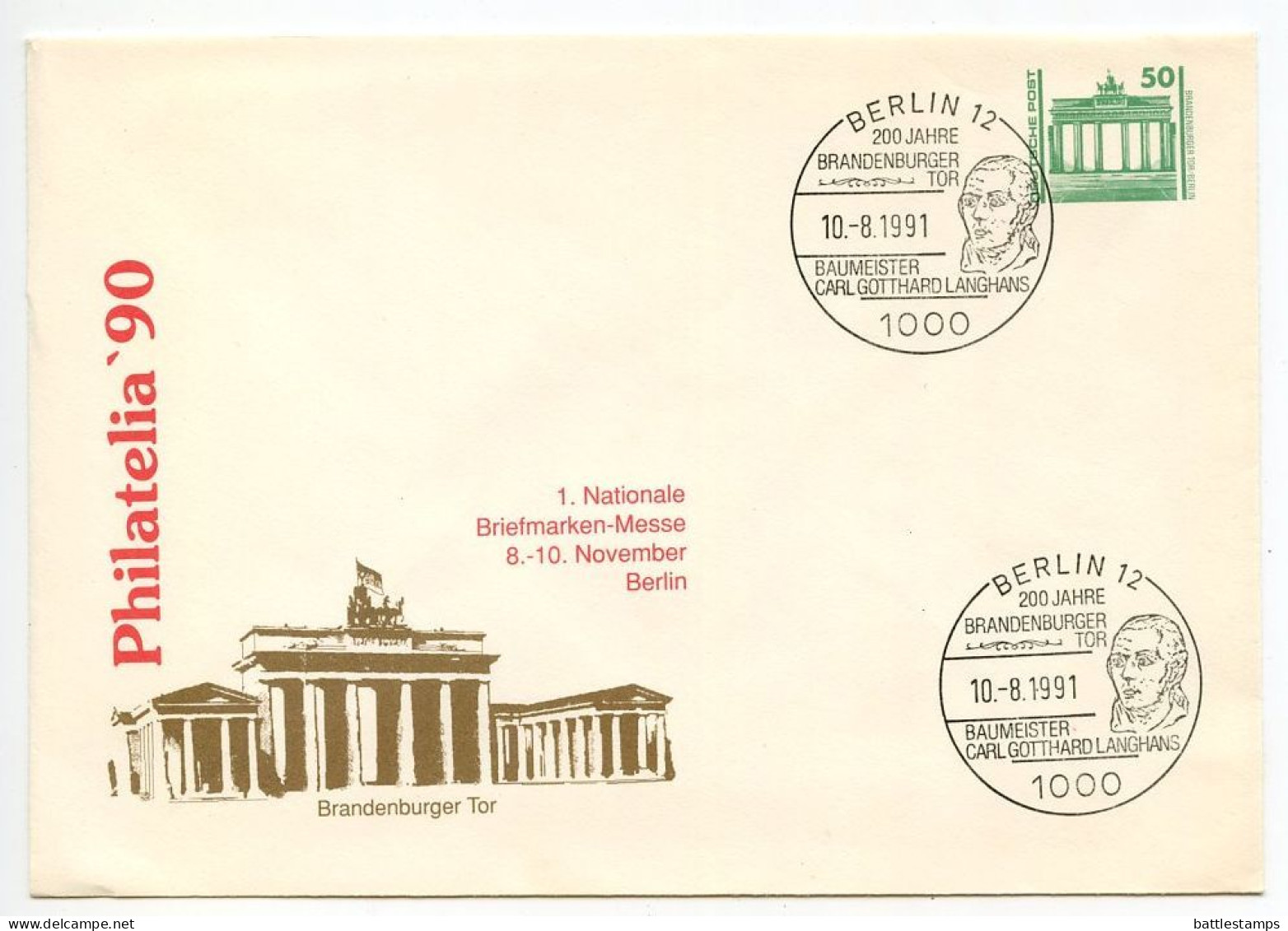 Germany, East 1991 3 50pf. Brandenburg Gate Postal Envelopes, Philatelia '90; Köln, Moers & Berlin Commemorative Pmks - Umschläge - Gebraucht