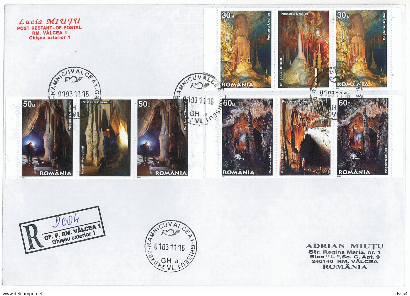 COV 88 - 2004-a CAVE, Romania, Stamps With 3 Vignette - REGISTERED Cover - Used - 2011 - Altri & Non Classificati