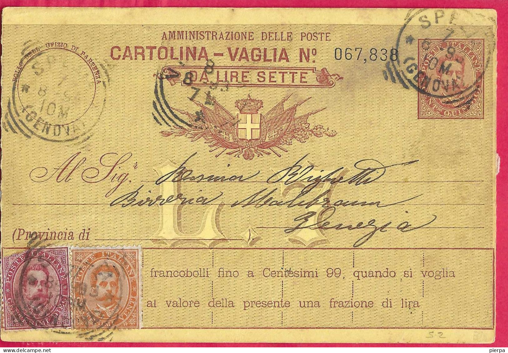 INTERO CARTOLINA-VAGLIA UMBERTO C.15 DA LIRE 7 (CAT. INT. 11) -VIAGGIATA DA SPEZIA*7.6.93*/(GENOVA)" - ANNULLO T. R. - Postwaardestukken