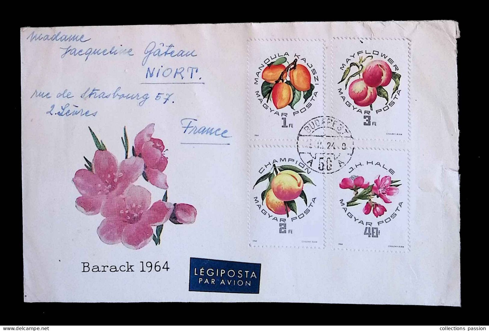 CL, Lettre, Légiposta, Par Avion, Magyar Posta, Hongrie, Budapest, Barack 1964, Fleurs, Fruits,  Frais Fr 1.75e - Postmark Collection