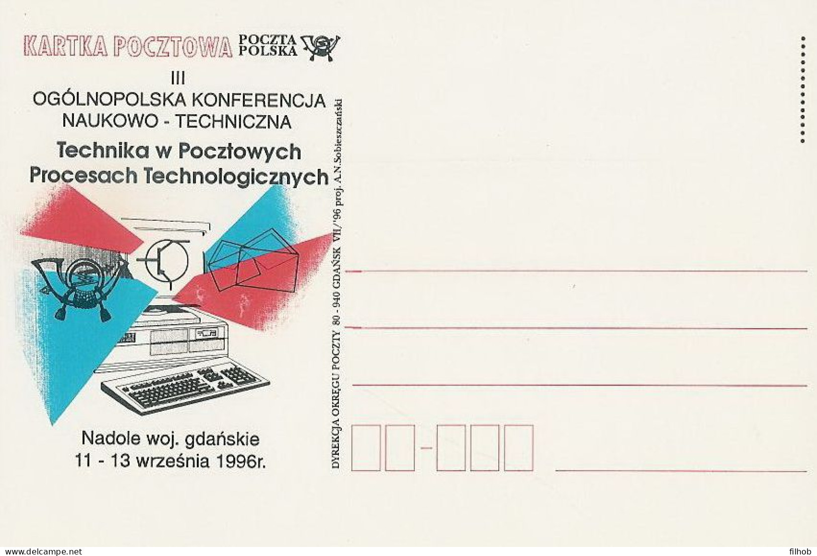 Poland Postcard Bez. Gdansk 1996.VII.06: Nadole Conference - Technology In Postal Processes Computer - Entiers Postaux