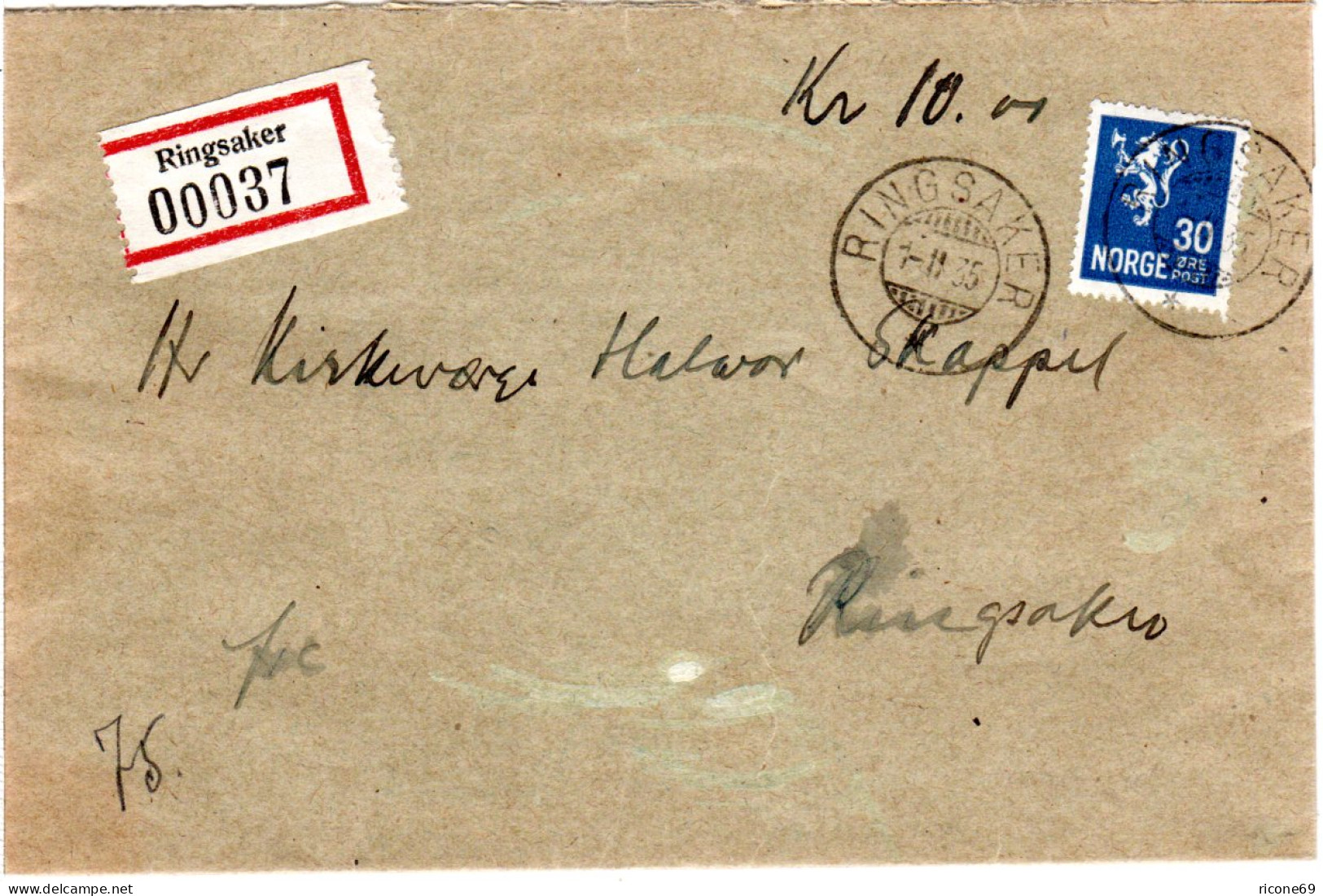 Norwegen 1935, EF 30 öre Auf Orts Wert-Brief V. Ringsaker - Storia Postale