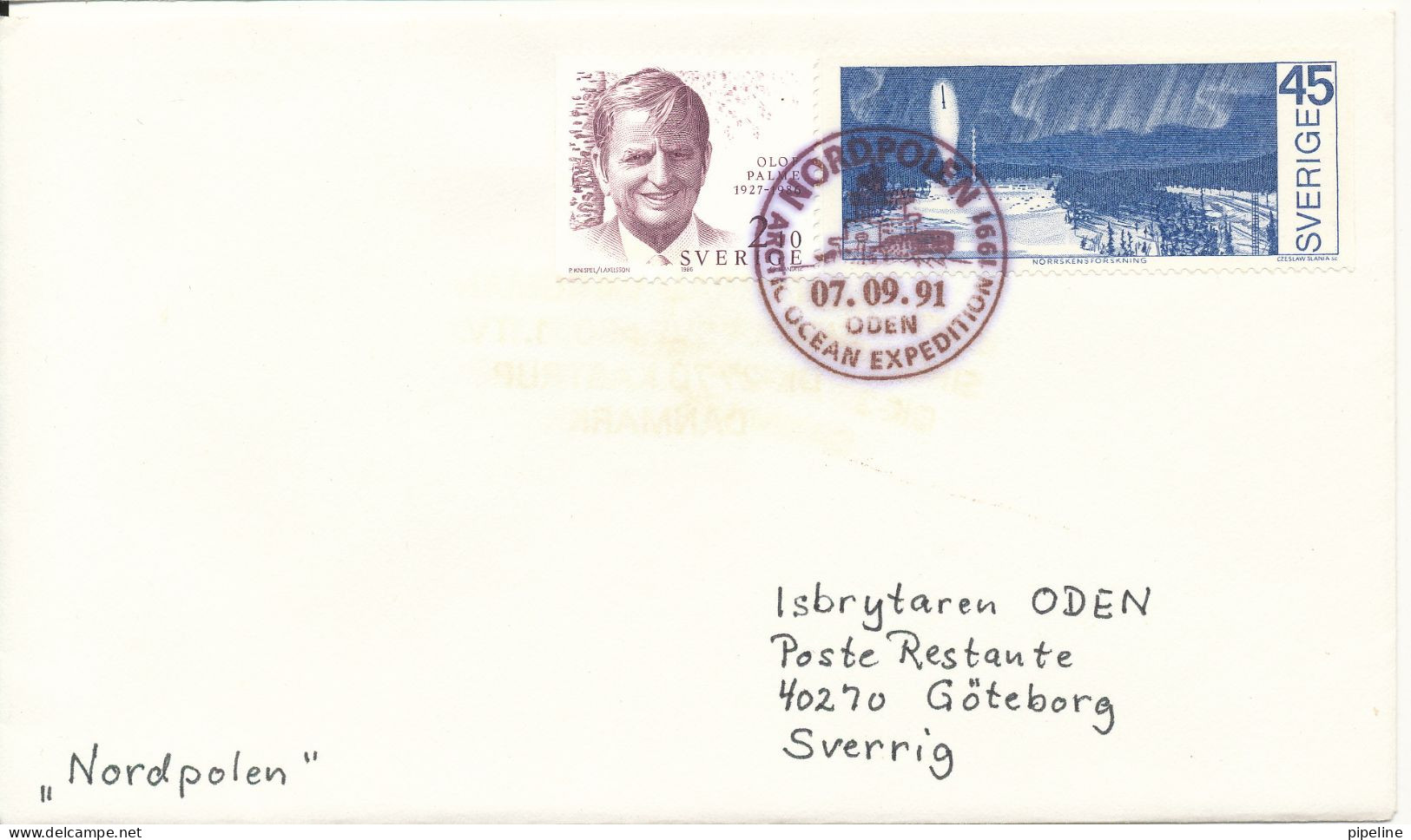 Sweden Cover Icebreaker ODEN Artic Ocean Expedition Nordpolen 7-9-1991 - Brieven En Documenten