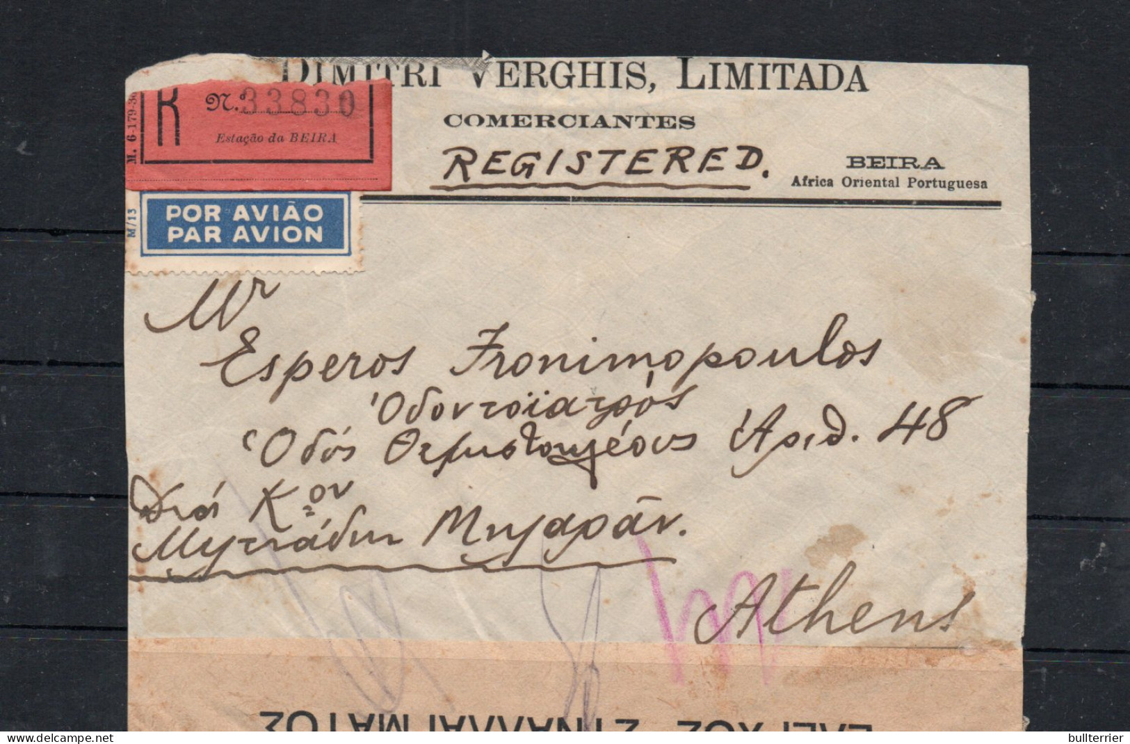 MOZAMBIQUE - 1937- REGISTERED  AIRMAIL COVER TO ATHENS  WITH BACKSTAMP - Storia Postale