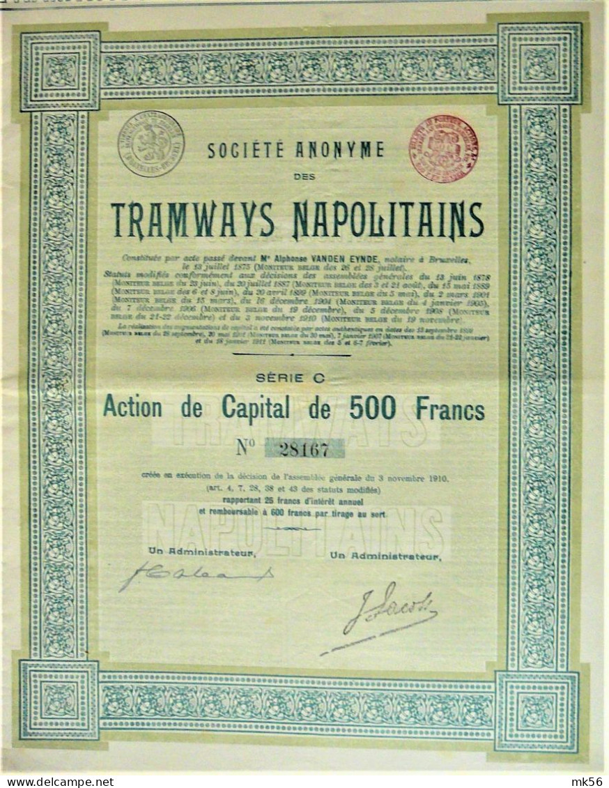 S.A. Des Tramways Napolitains - Action De Capital De 500 Fr (1910) - Railway & Tramway