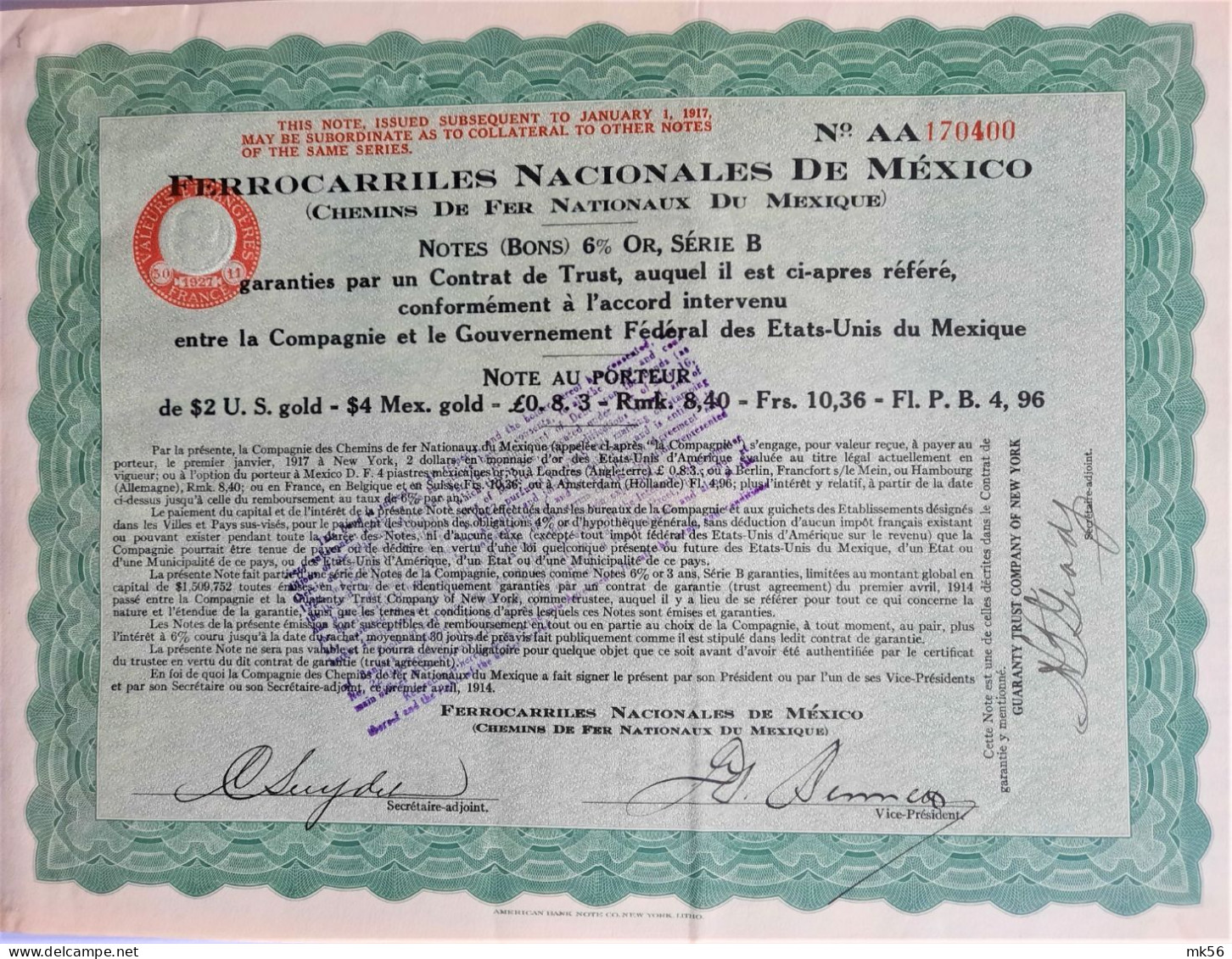 Ferrocarriles Nacionales De Mexico - Note Au Porteur - 1917 - Railway & Tramway