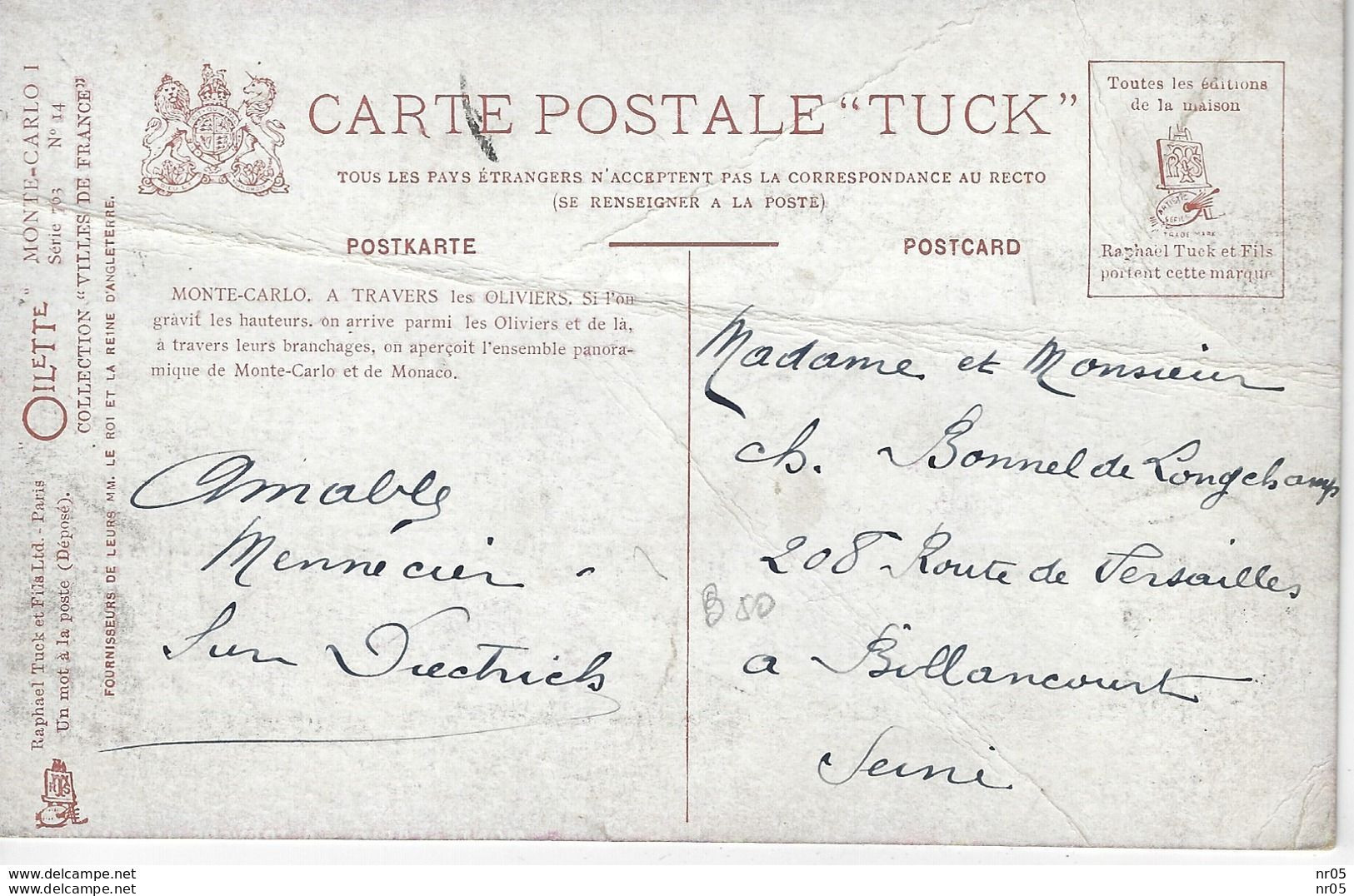 Timbre PRINCIPAUTE De MONACO Prince ALBERT 1er  Oblitere En 1907 Sur Carte Postale Raphael Tuck - Used Stamps