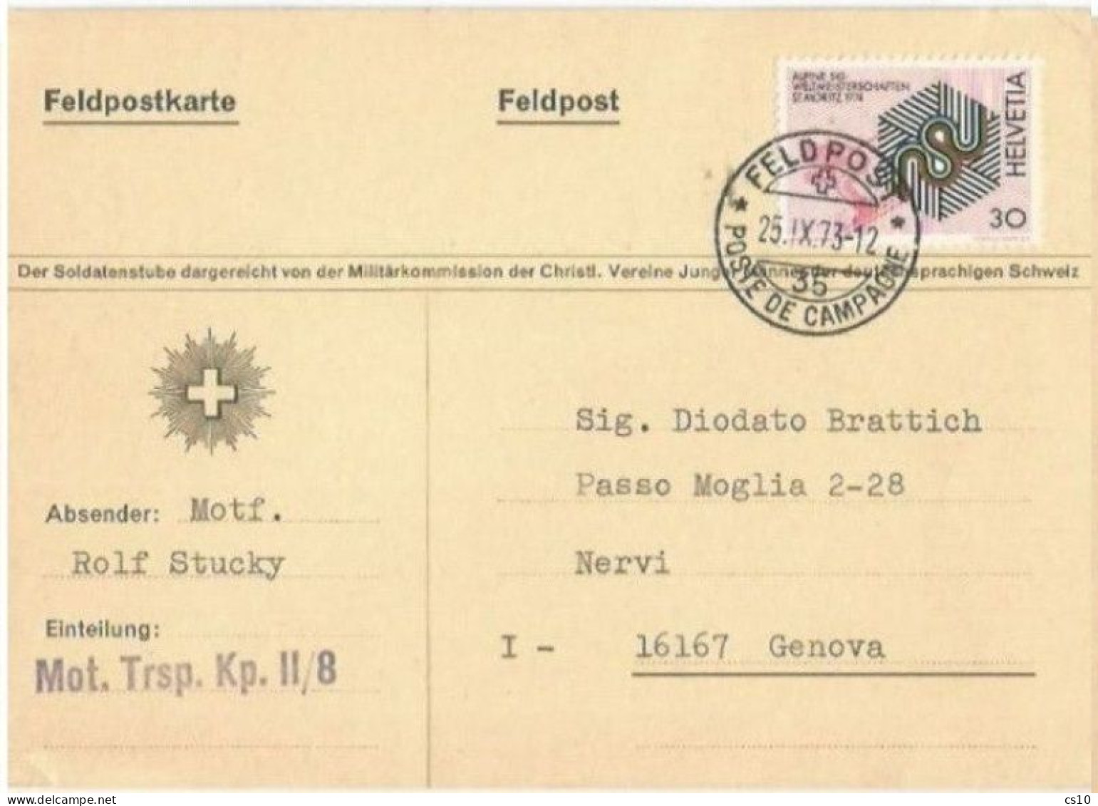 Suisse Feldpost Karte With Timbre-poste C30 Annulé Feldpost - Poste De Campagne 25nov1973 To Italy - REAL MILITAR MAIL - Documenti