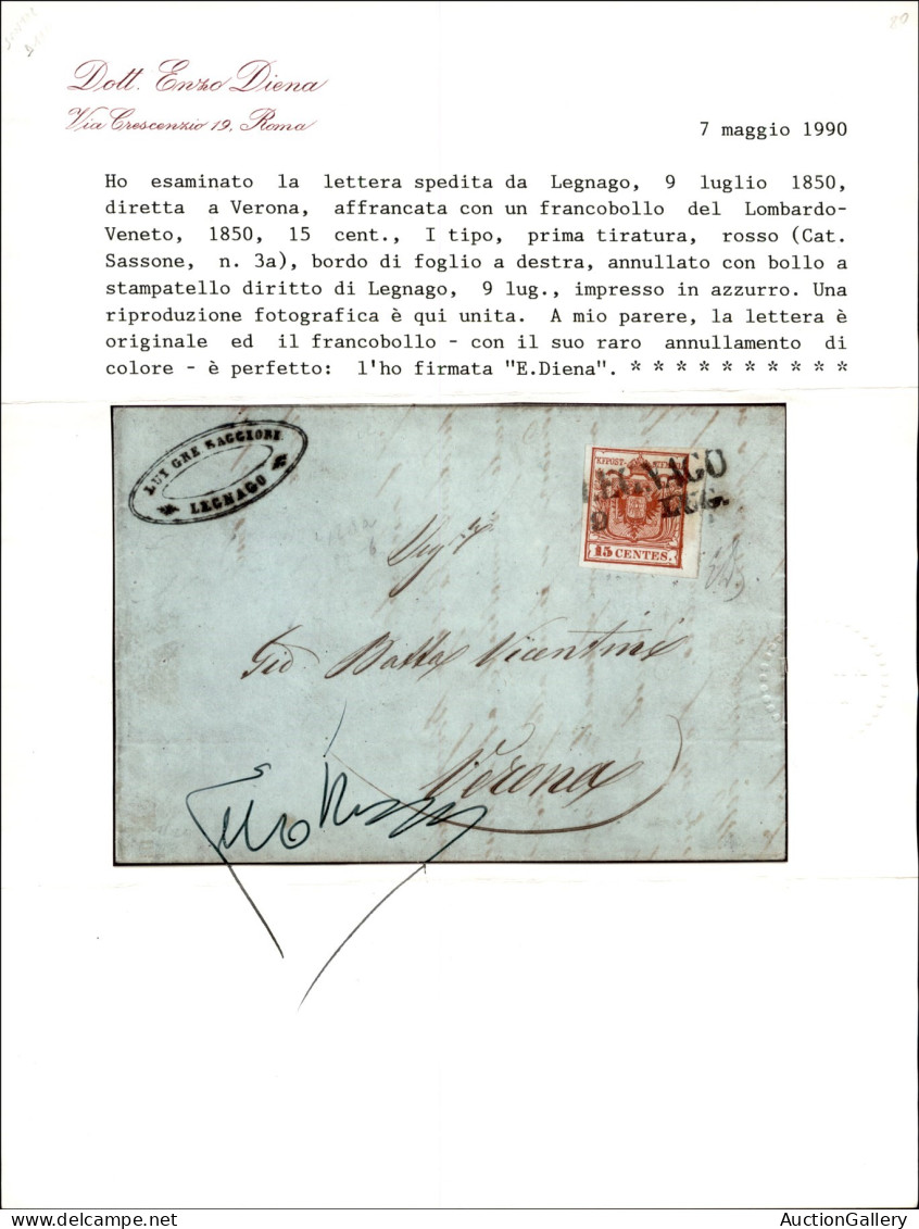 Antichi Stati Italiani - Lombardo Veneto - Legnago (azzurro - P.ti 12) - 15 Cent (3a) Bordo Foglio - Lettera Per Verona  - Sonstige & Ohne Zuordnung