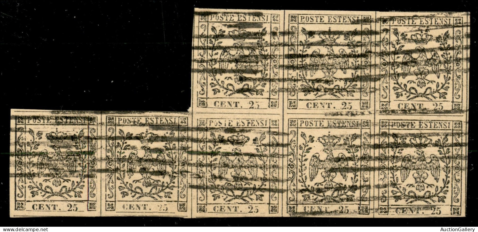 Antichi Stati Italiani - Modena - 1852 - 25 Cent Camoscio (4a) - Blocco Di 8 A Seggiola Usato - Grandi Margini Da Ogni L - Andere & Zonder Classificatie