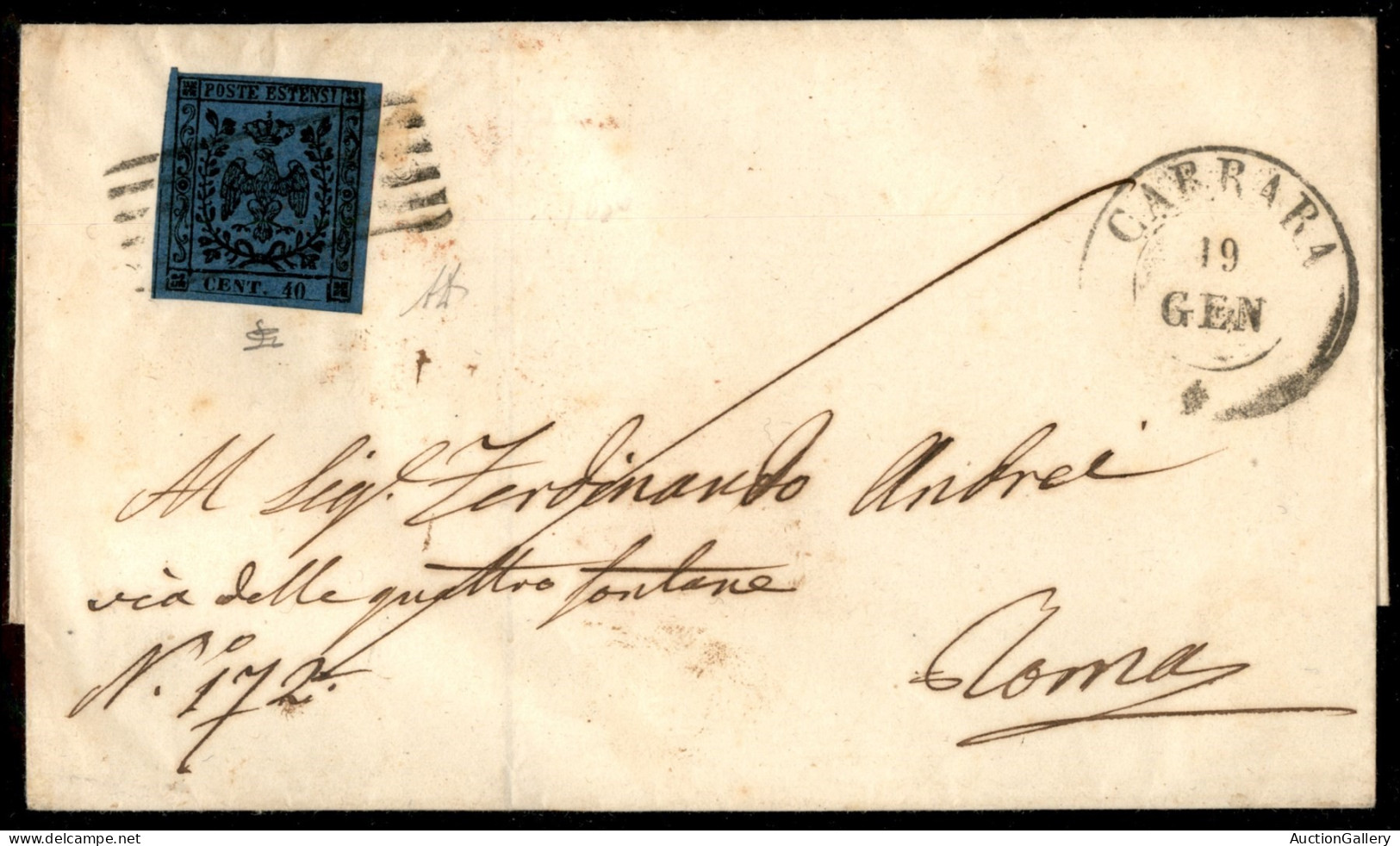 Antichi Stati Italiani - Modena - 40 Cent Azzurro (6) Isolato Su Lettera Da Carrara A Roma Del 19.1.1856 - A. Diena + L. - Andere & Zonder Classificatie