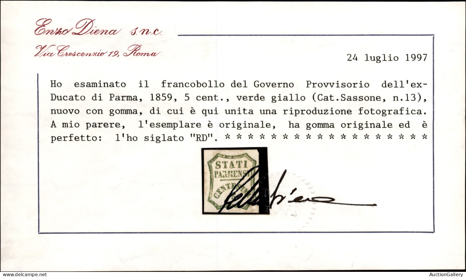 Antichi Stati Italiani - Parma - 1859 - 5 Cent Verde Giallo (13) - Gomma Originale Con Linguella - Cert. Diena - Sonstige & Ohne Zuordnung