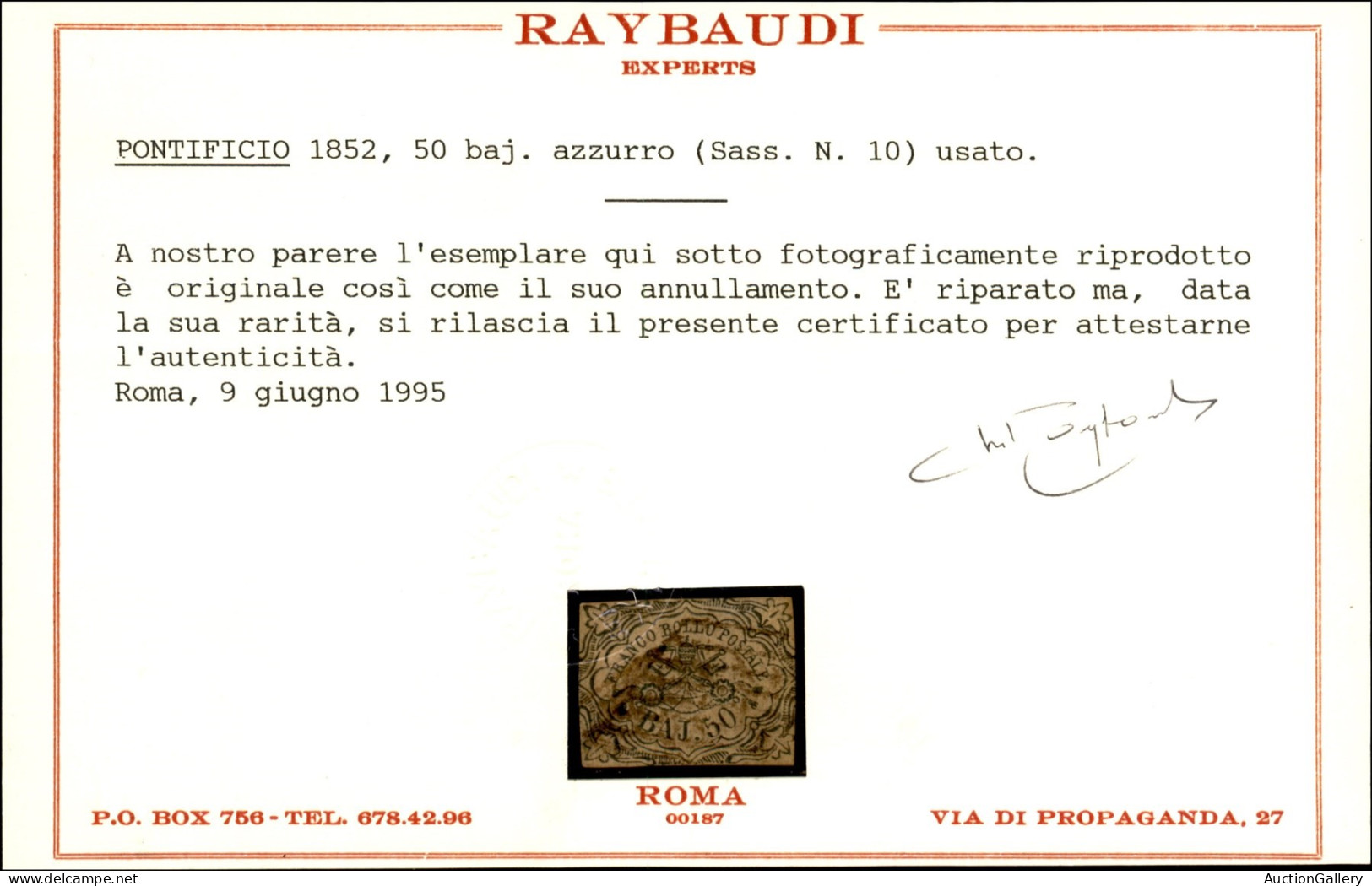 Antichi Stati Italiani - Stato Pontificio - 1852 - 50 Baj Azzurro (10) - Usato - Corto E Riparato - Cert. Raybaudi - Other & Unclassified