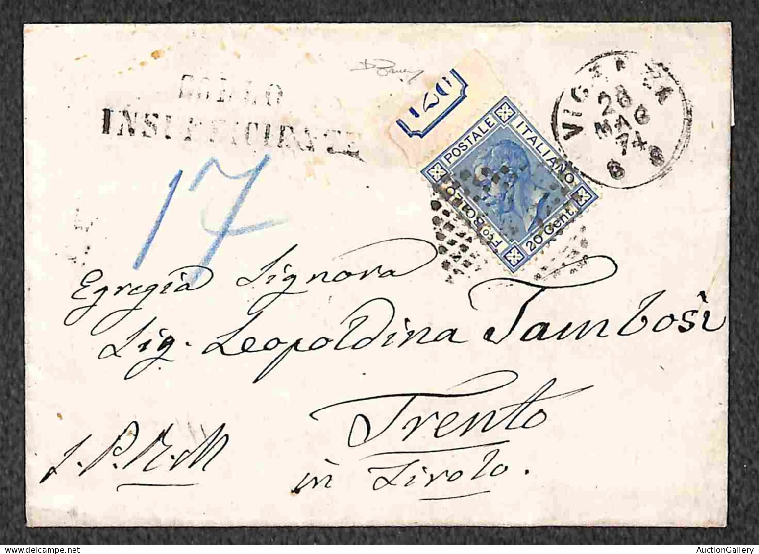 Regno - Vittorio Emanuele II - 20 Cent (T26) Bordo Foglio Con Parte Del Numero Di Tavola (28) - Isolato Su Busta Da Vice - Other & Unclassified