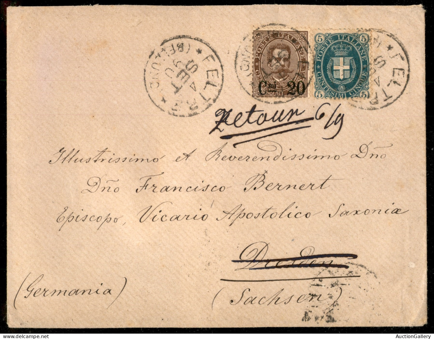 Regno - Umberto I - Lettera Per La Sassonia Da Feltre 4 Set. 90 A Dresda Affrancata Con 5 Cent Verde Stemma + Soprastamp - Autres & Non Classés