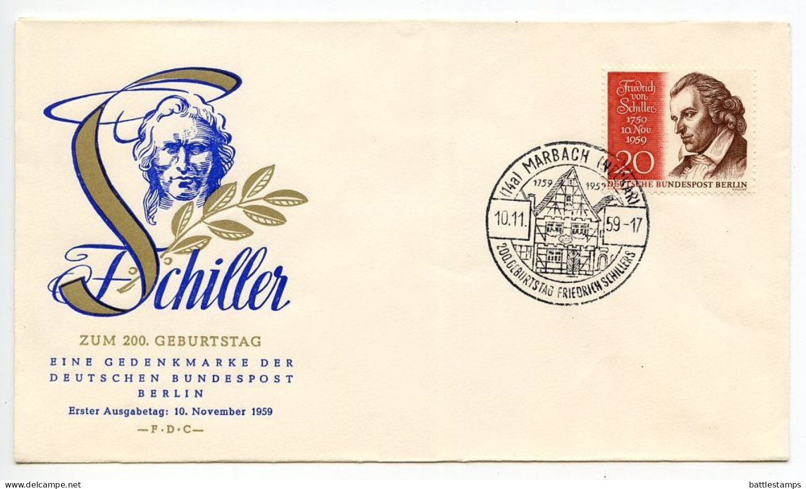 Germany, Berlin 1959 FDC Scott 9N172 Poet Friedrich Von Schiller; Marbach Postmark - 1948-1970