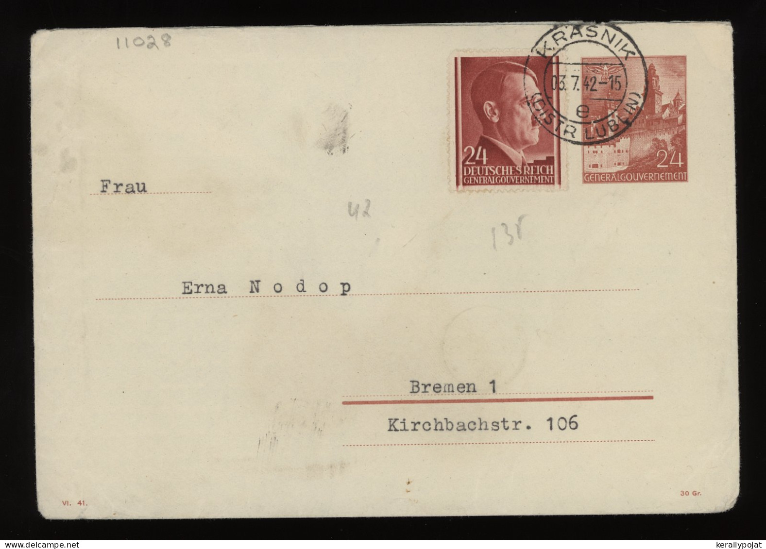 General Government 1942 Krasnik Stationery Envelope To Bremen__(11028) - General Government