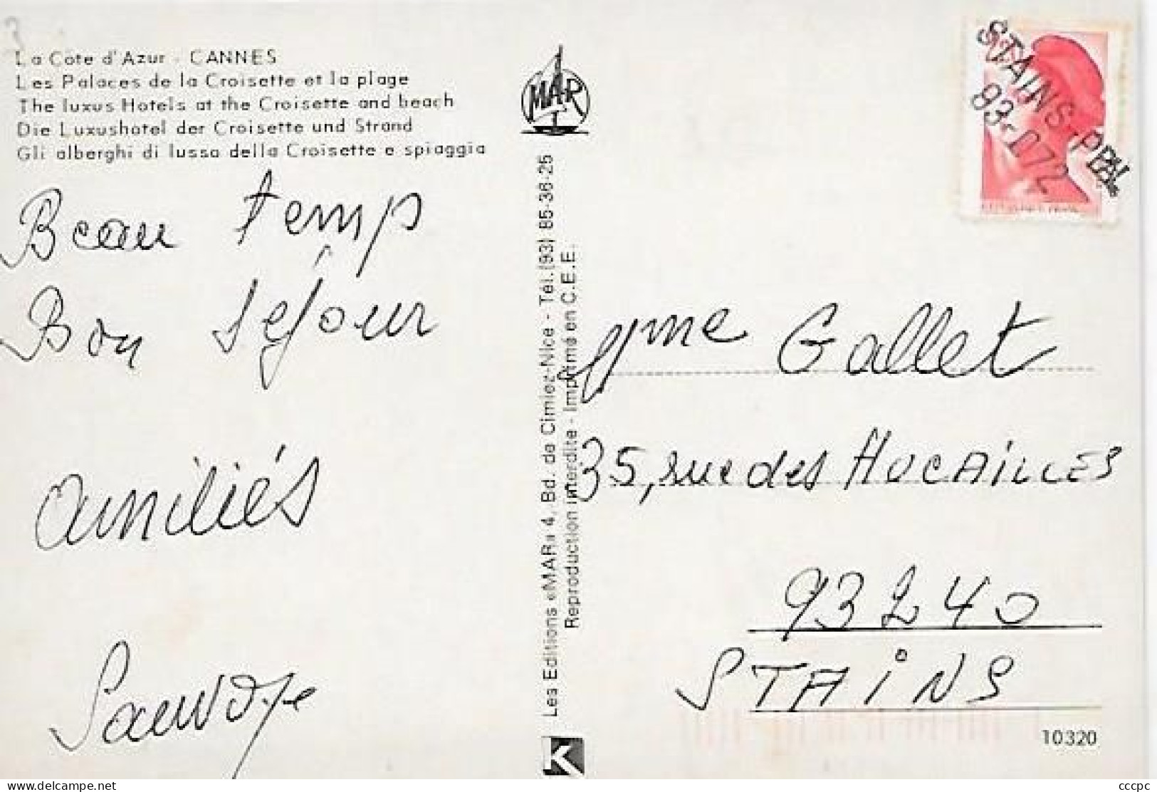 Cachet Stains 93 Sur CPM Cannes Les Palaces De La Croisette Et La Plage - Seals Of Generality