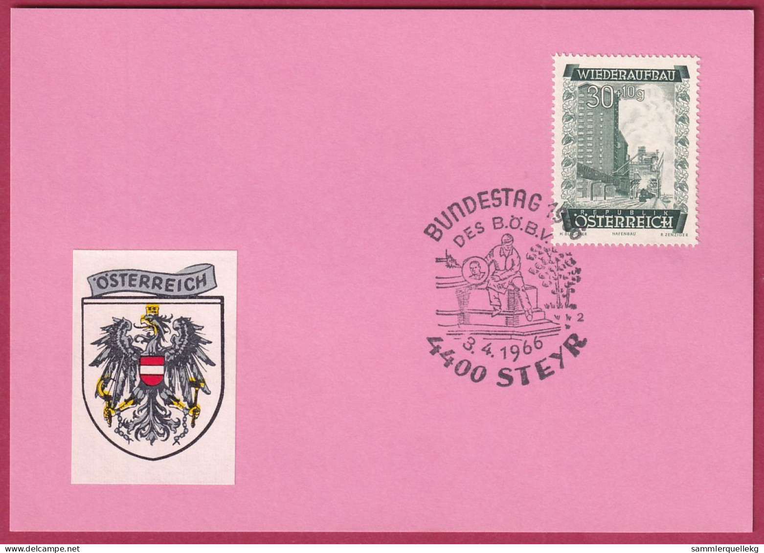 Österreich MNr. 860 Sonderstempel 3. 4. 1966 Steyr Bundestag 1966 Des B.Ö.B.V. - Briefe U. Dokumente