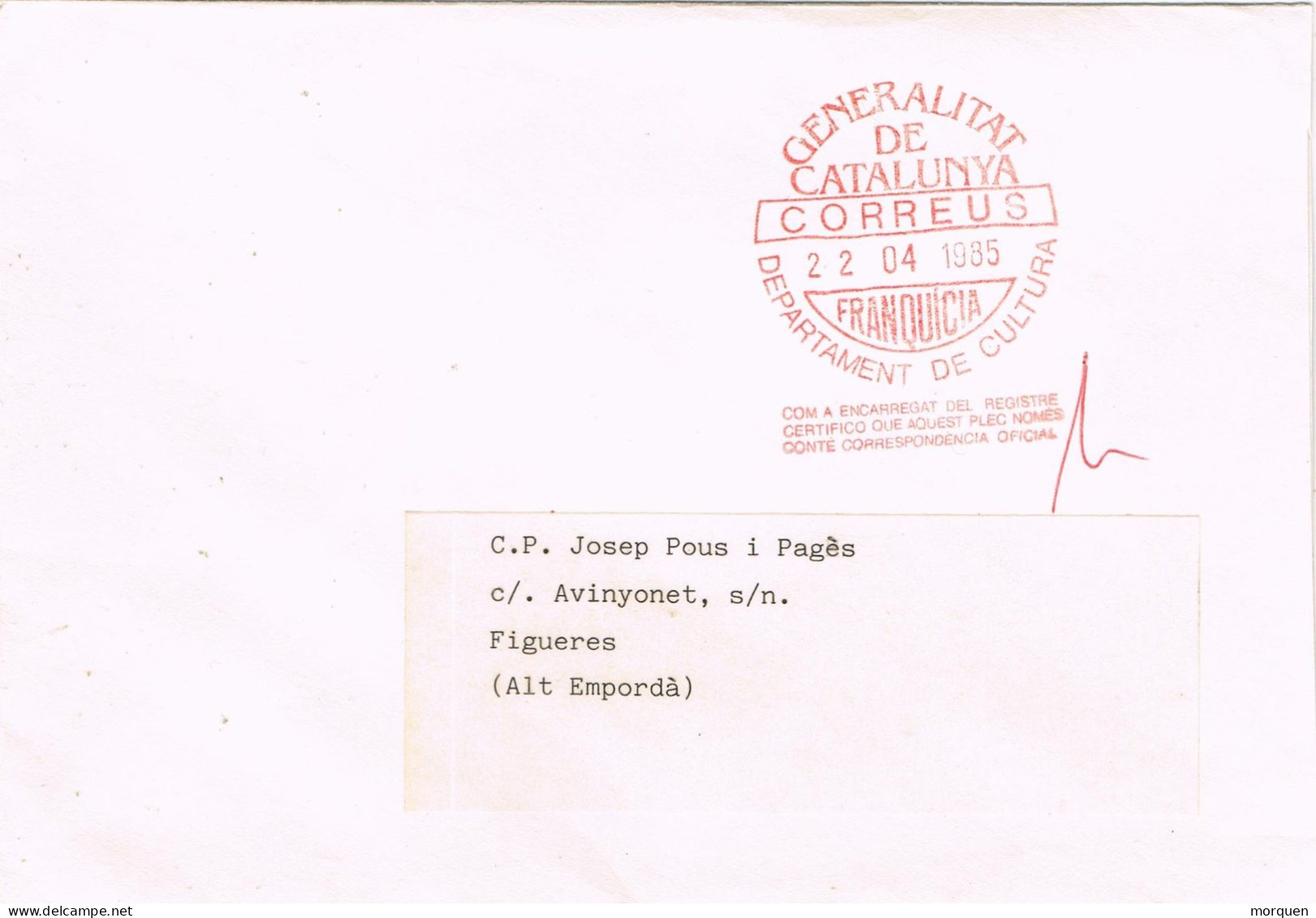 54476. Carta BARCELONA 1985. Franquicia GENERALITAT Catalunya, Cultura - Storia Postale