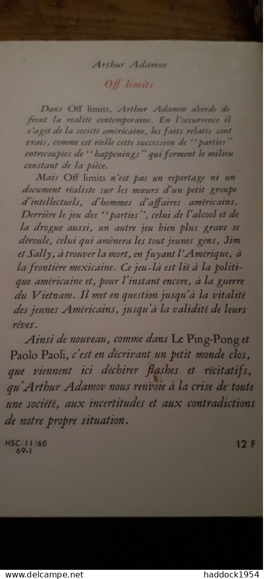 Off Limits ARTHUR ADAMOV Gallimard  1969 - Auteurs Français