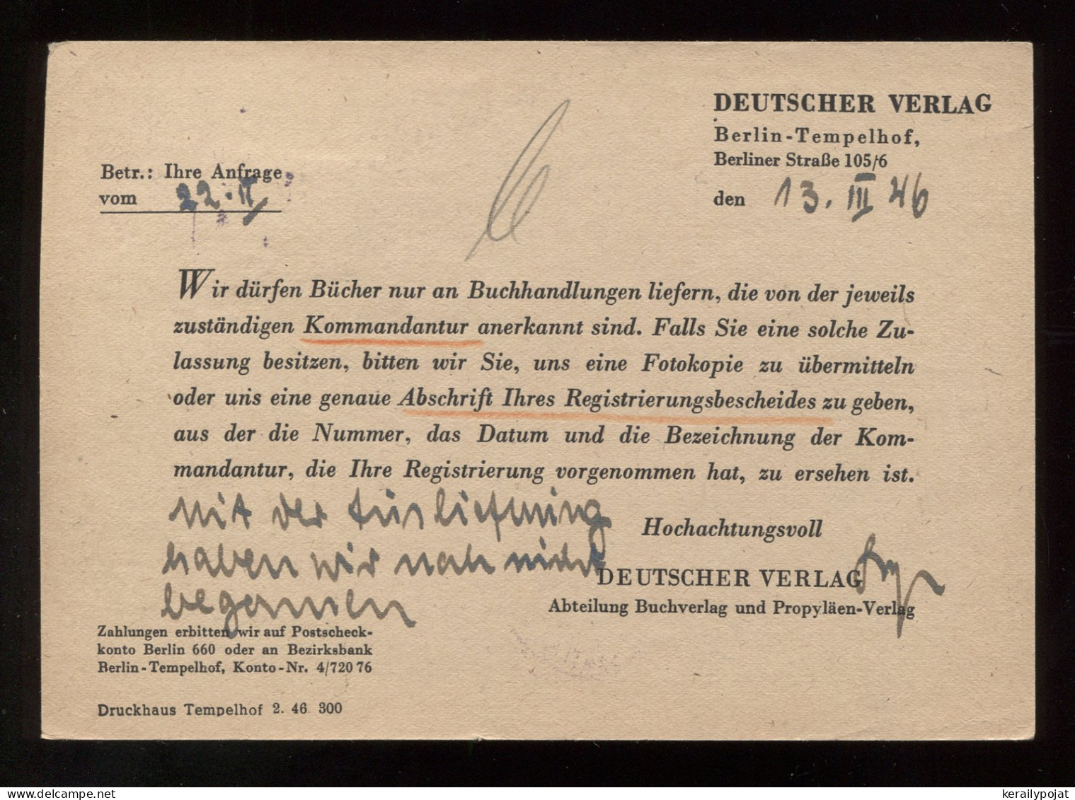 Germany Stadt Berlin 1946 Berlin-Tempelhod Card To Darmstadt__(9239) - Berlin & Brandenburg