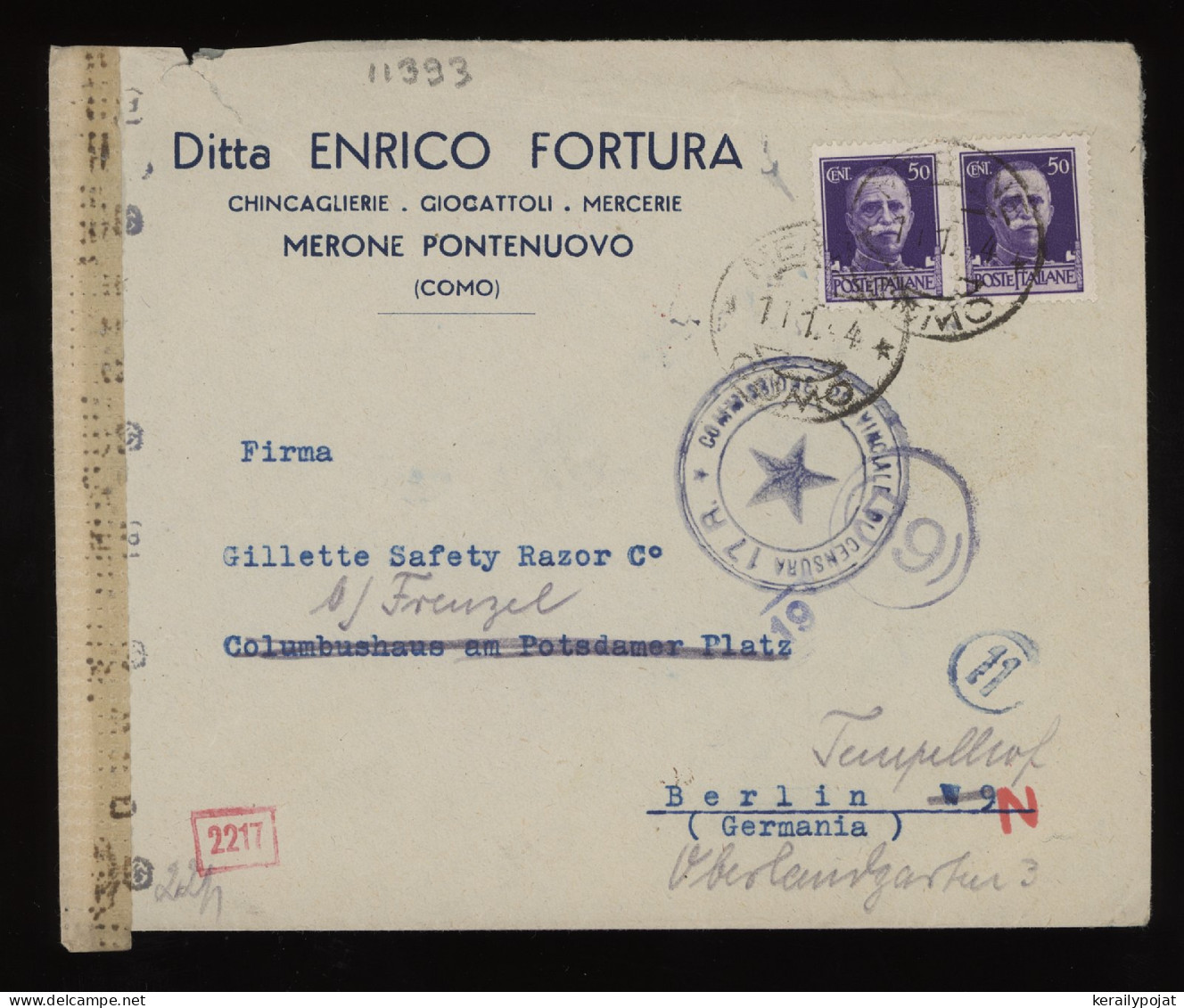 Italy 1944 Merone Censored Business Cover To Berlin__(11393) - Storia Postale