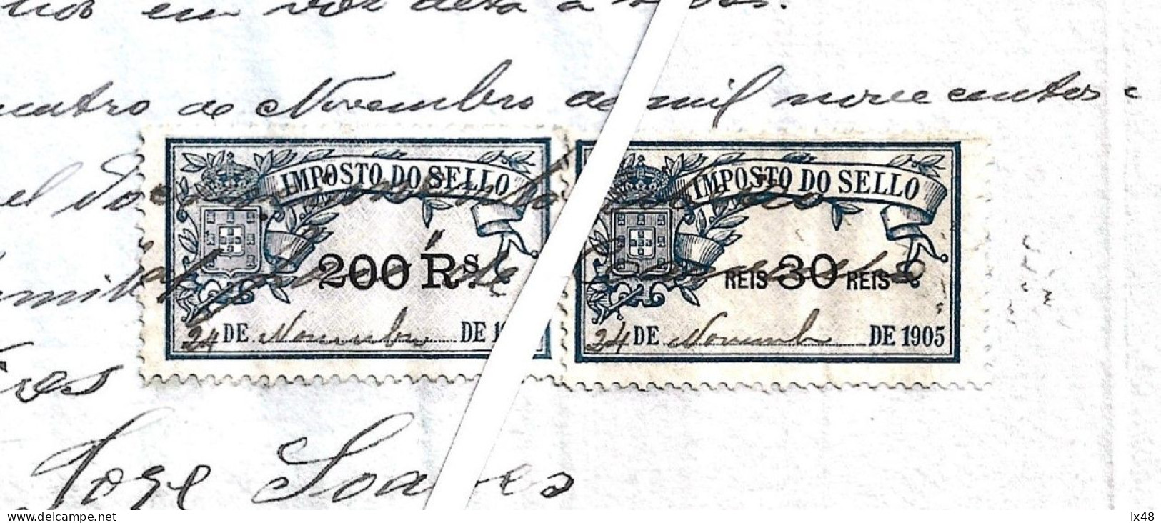 Papel Selado Brasão Rei D. Carlos 1905. Escritura S. João Da Pesqueira. I.Selo 200, 30 E 20 Reis. C.Industrial 5,10 Reis - Lettres & Documents