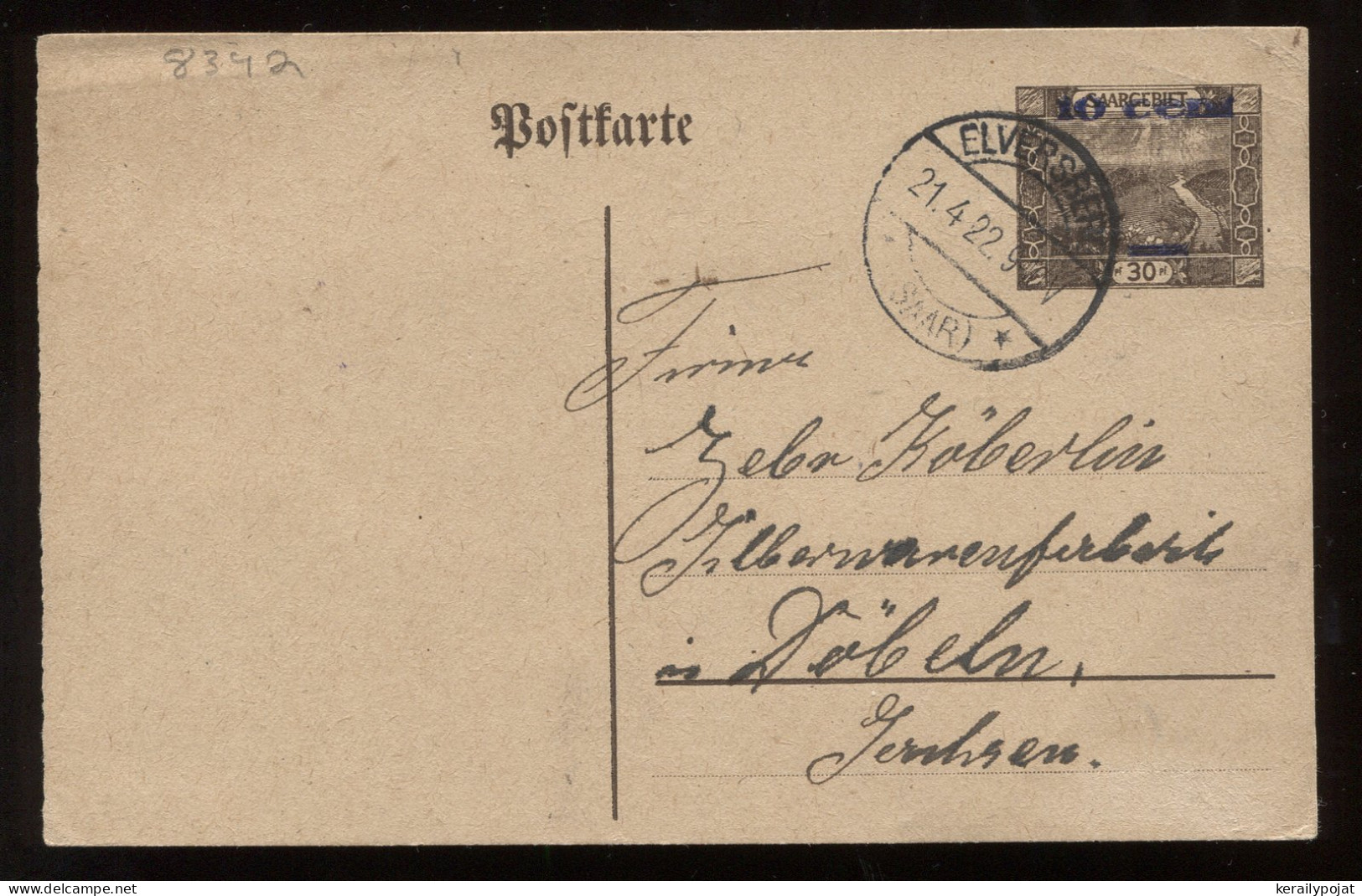 Saargebiet 1922 Elversberg Stationery Card To Döbeln__(8342) - Entiers Postaux