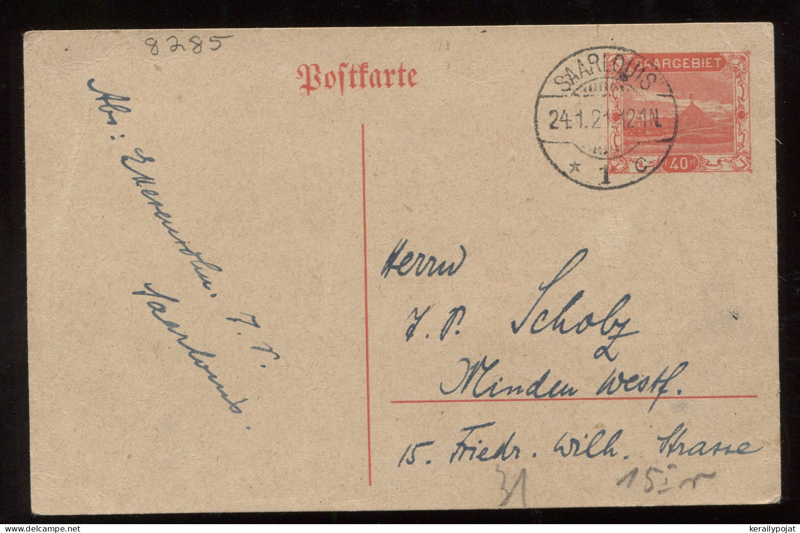 Saargebiet 1921 Saarlouis Stationery Card To Minden__(8285) - Entiers Postaux