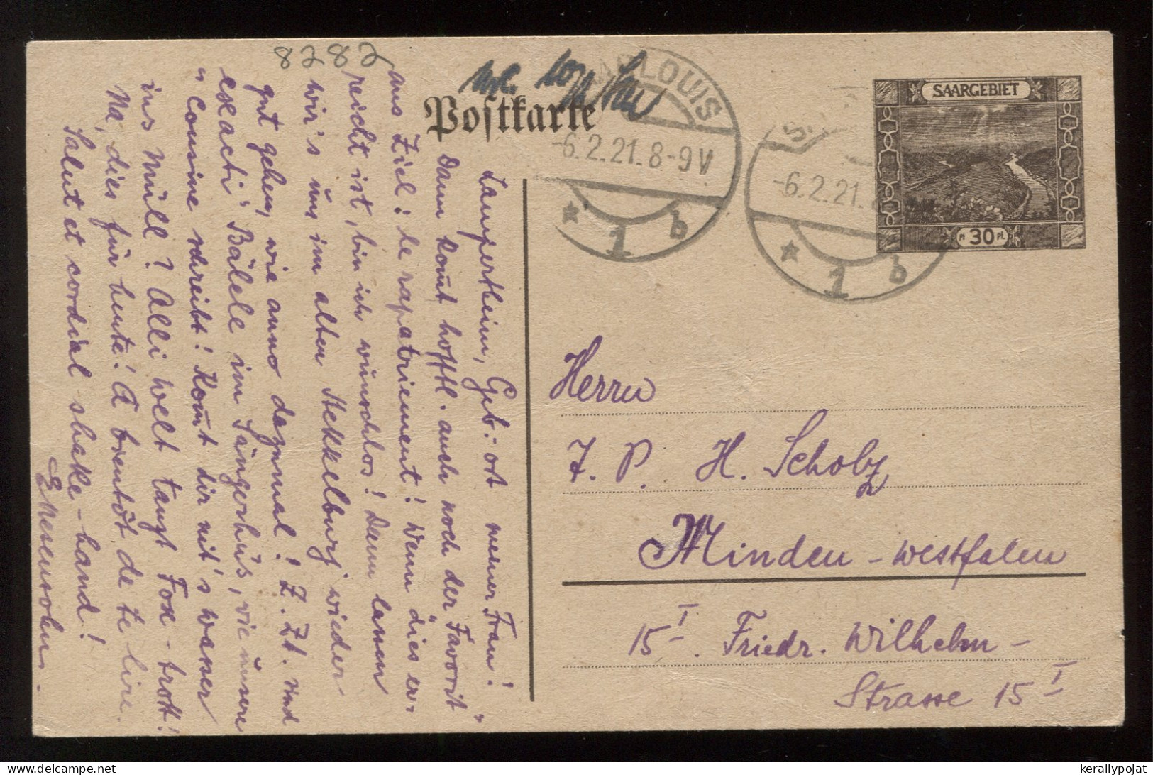 Saargebiet 1921 St.Louis Stationery Card To Minden__(8282) - Postal Stationery