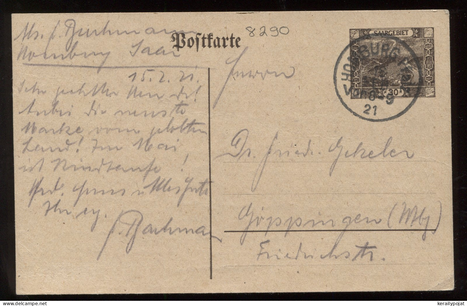 Saargebiet 1921 Homburg Stationery Card To Gippingen__(8290) - Entiers Postaux