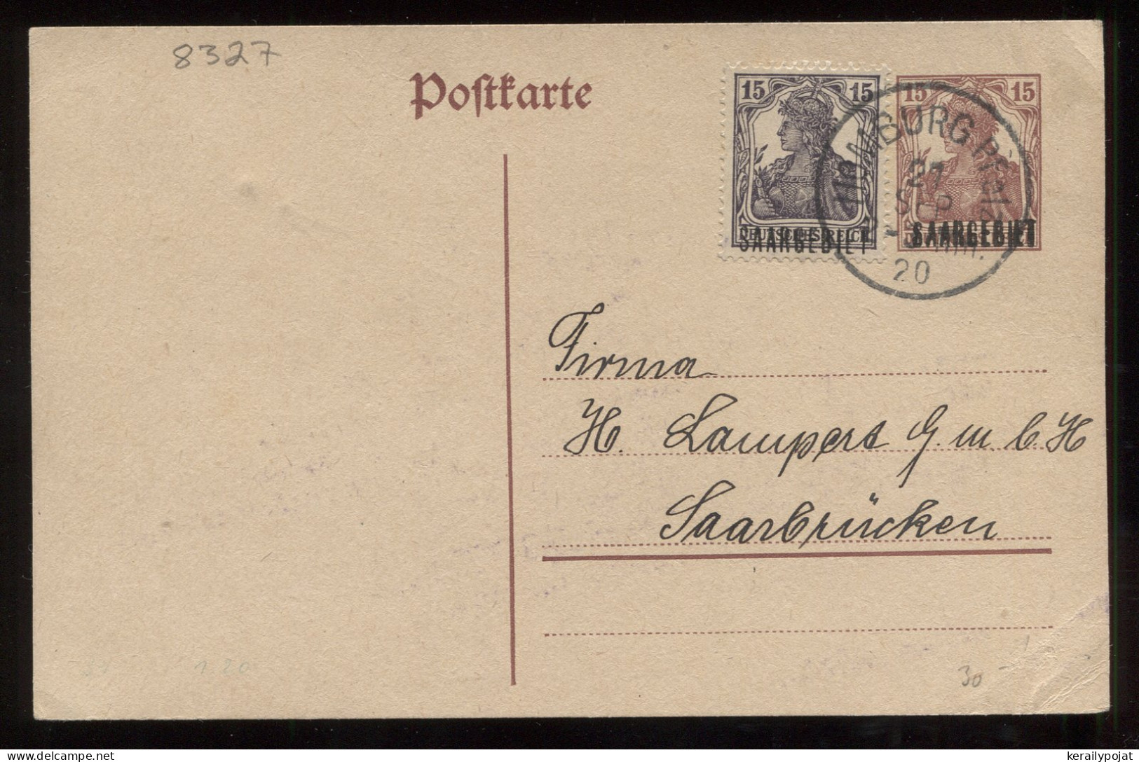 Saargebiet 1920 Homburg Stationery Card To Saarbrucken__(8327) - Postal Stationery
