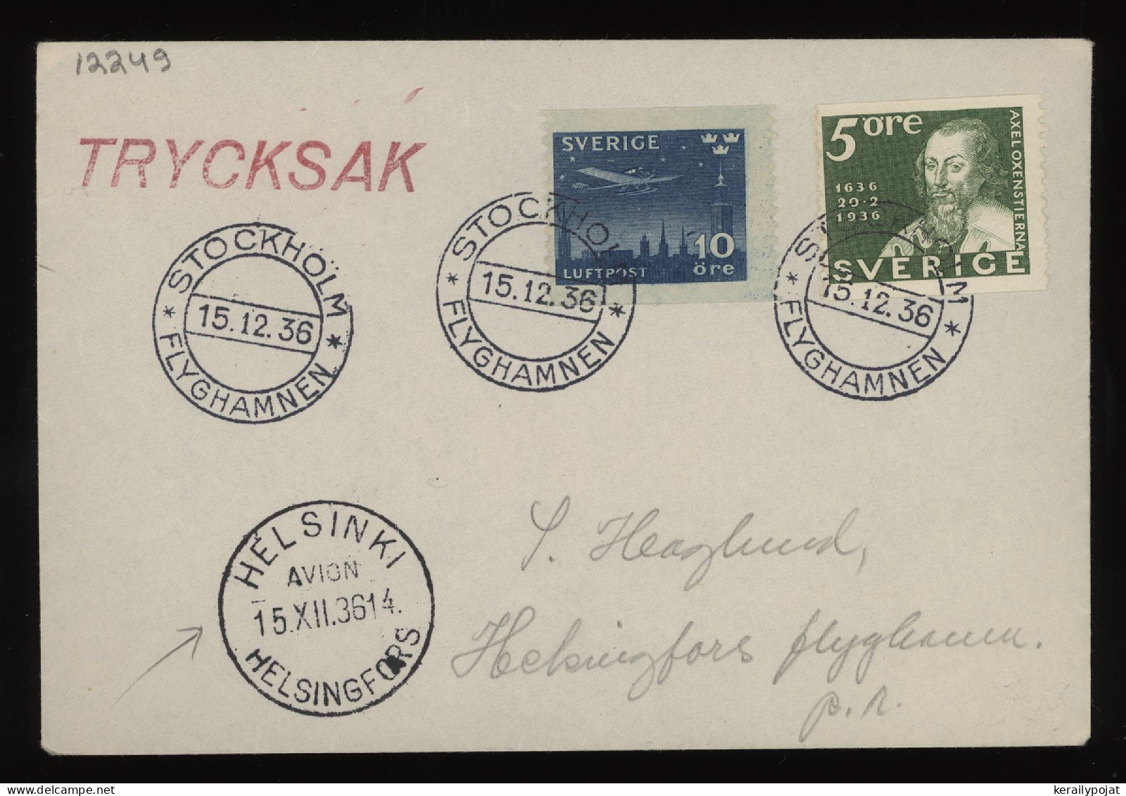 Sweden 1936 Stockholm Air Mail Cover To Finland__(12249) - Briefe U. Dokumente