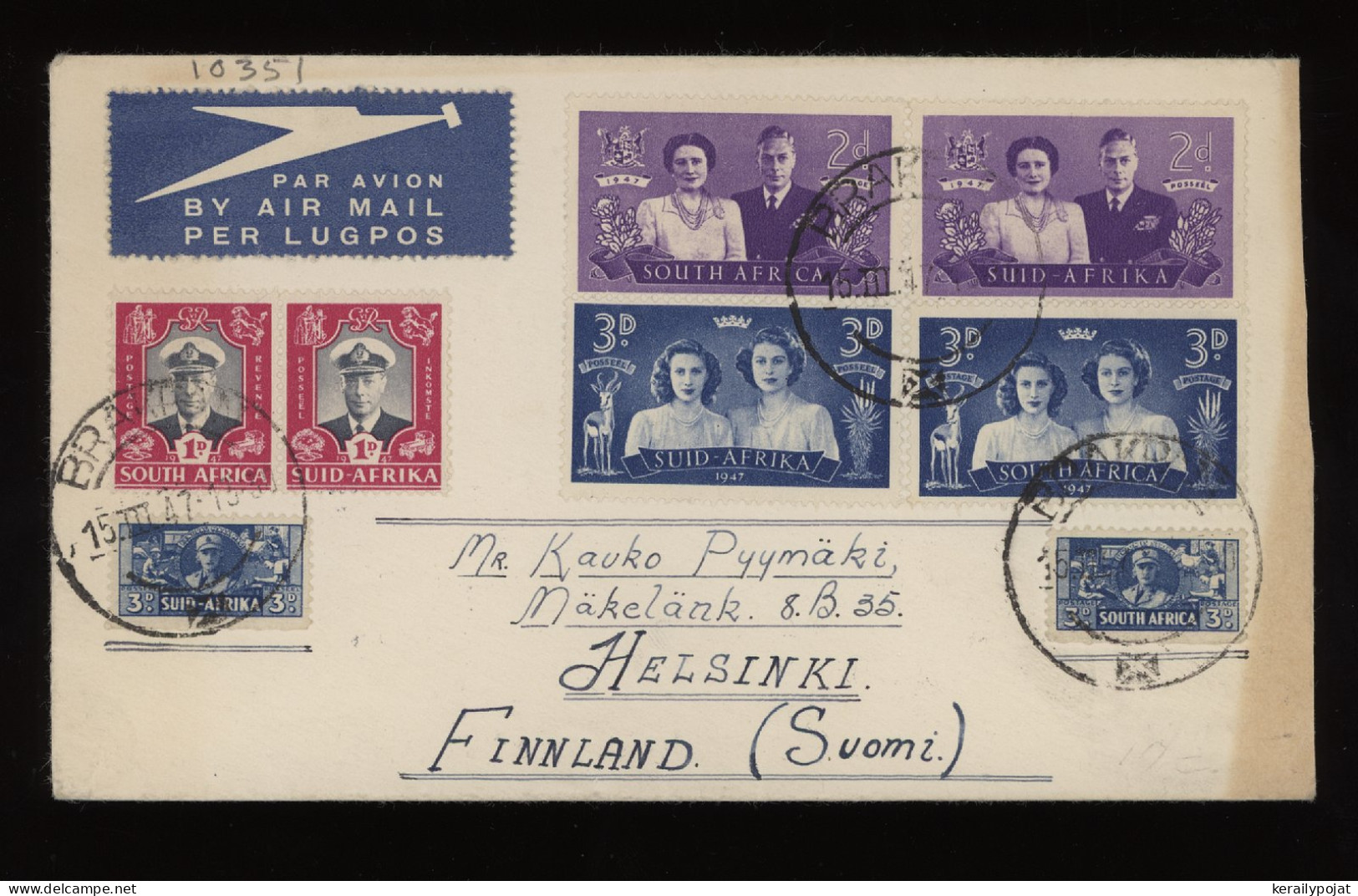 South Africa 1947 Air Mail Cover To Finland__(10351) - Airmail