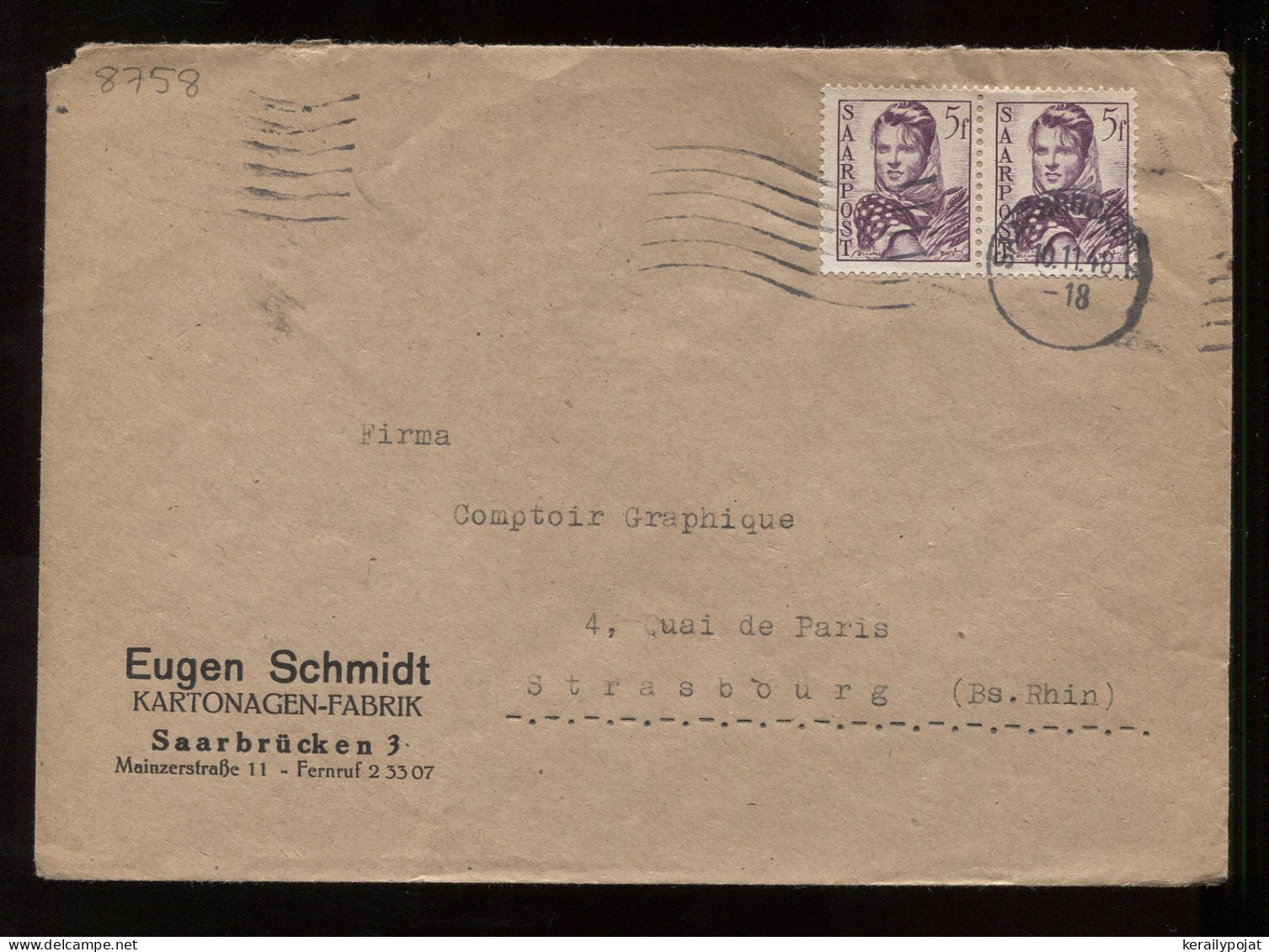 Saarpost 1948 Saarbrucken Eugen Schmidt Business Cover__(8758) - Blocs-feuillets