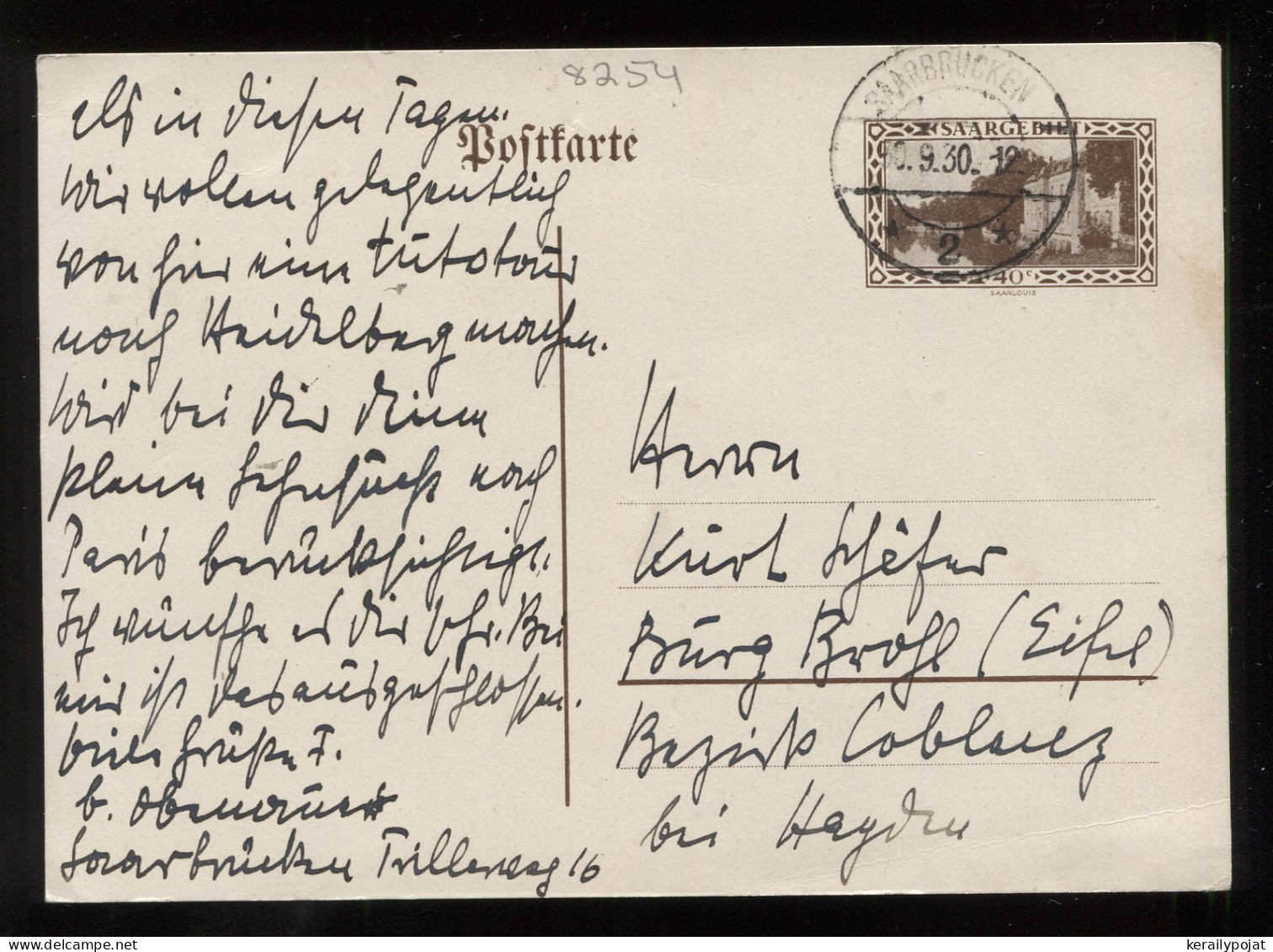 Saargebiet 1930 Saarbrucken 40c Stationery Card__(8254) - Entiers Postaux