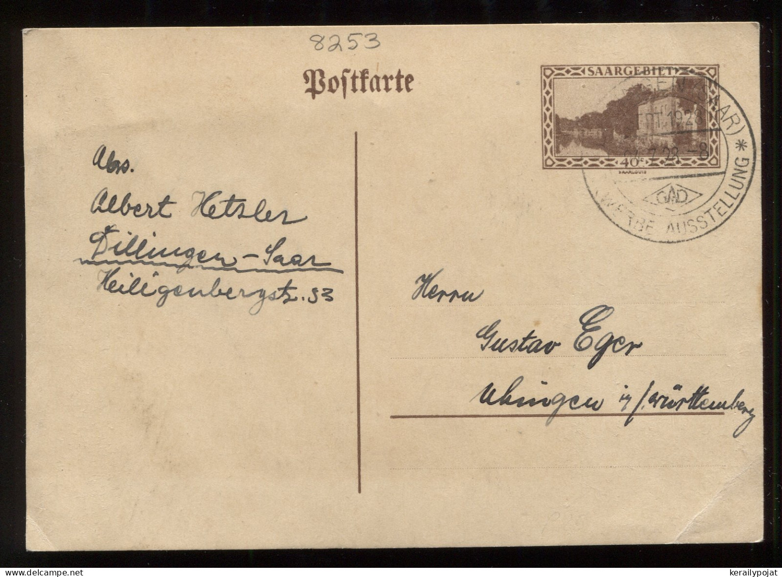 Saargebiet 1928 Special Cancellation Stationery Card__(8253) - Postal Stationery