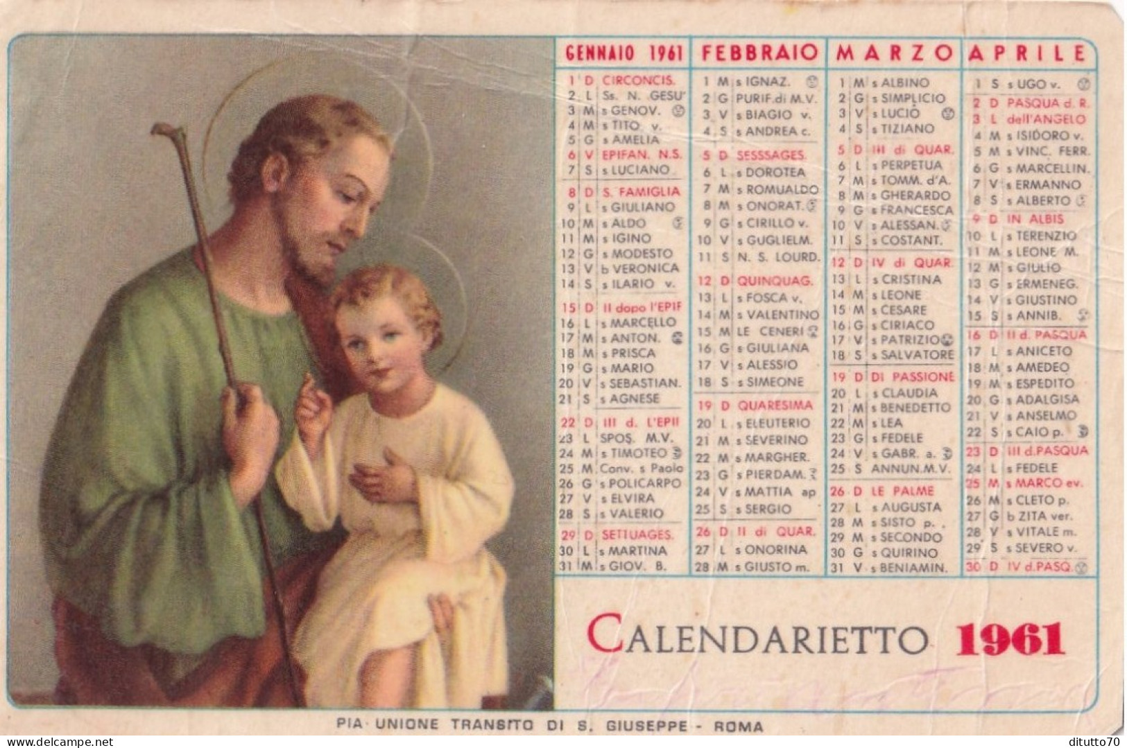 Calendarietto - Pia Unione Transito Di S.giuseppe - Roma - Anno 1961 - Klein Formaat: 1961-70