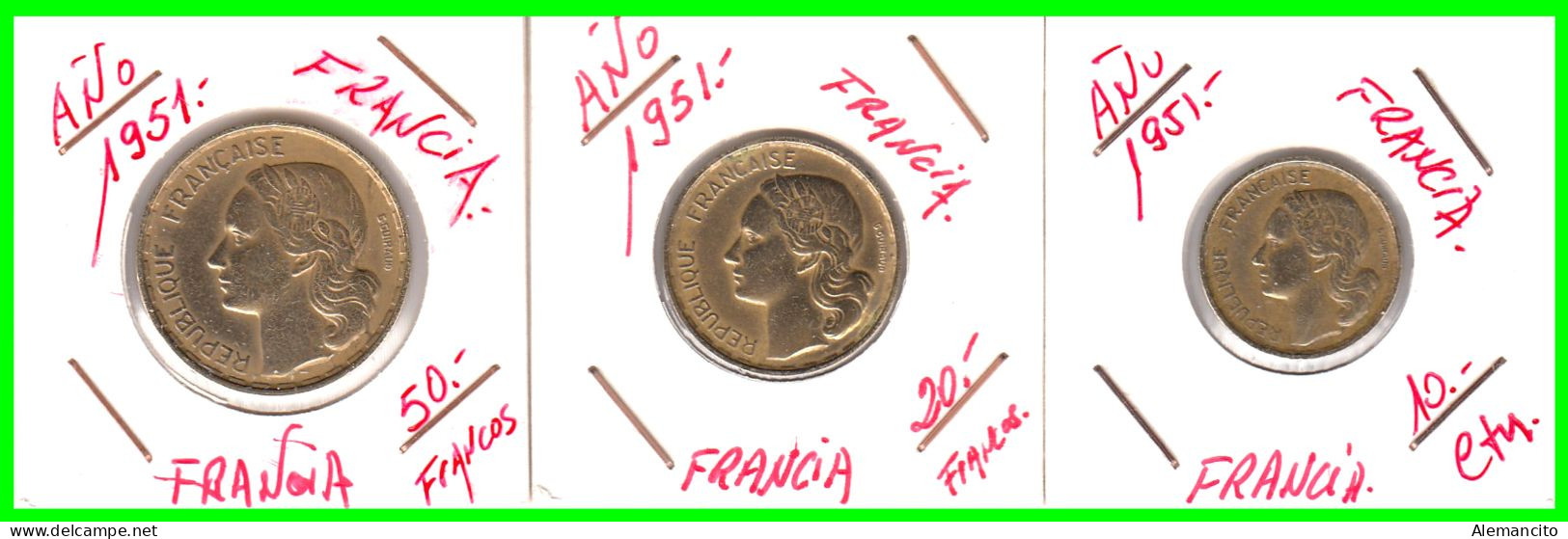 FRANCIA  MONEDA - DE 0.10 0,20 Y 0,50 CENTIMOS DEL AÑO 1951 - CUARTA REPUBLICA FRANCESA COMPOSICIÓN BRONCE DE  ALUMINIO - 50 Centimes