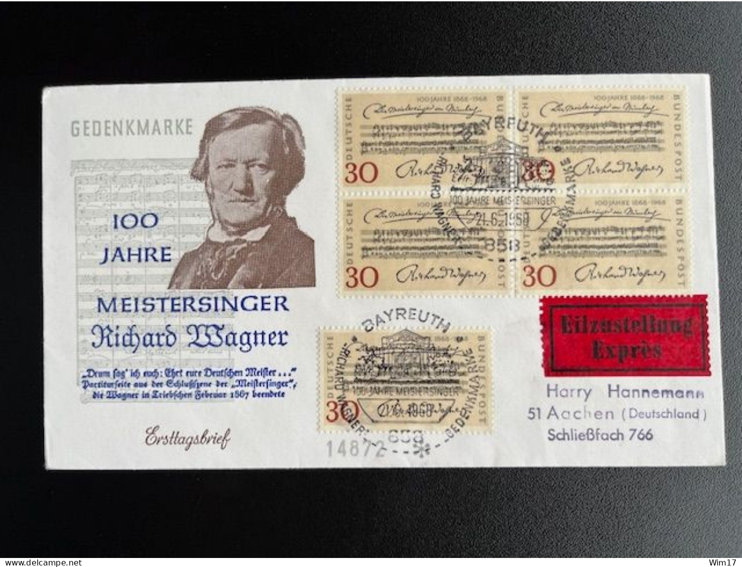 GERMANY 1968 EXPRESS FDC RICHARD WAGNER 21-06-1971 DUITSLAND DEUTSCHLAND EXPRES EILBOTEN MUSIC - 1961-1970