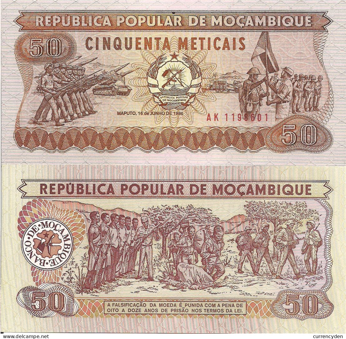 Mozambique P129b, 50 Meticals, Soldiers With Rifles, Tanks, Flag Hoisting UNC - Mozambique