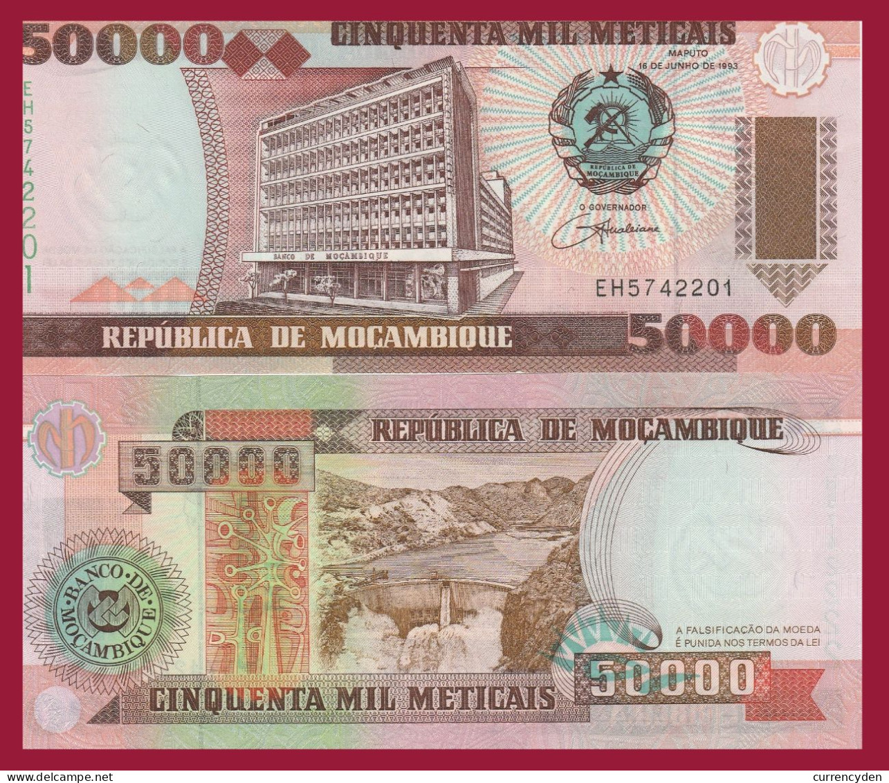 Mozambique P138, 50,000 Meticais, Bank Bldg / Cahara Dam, UNC See UV, $8 Cat Va - Mozambique